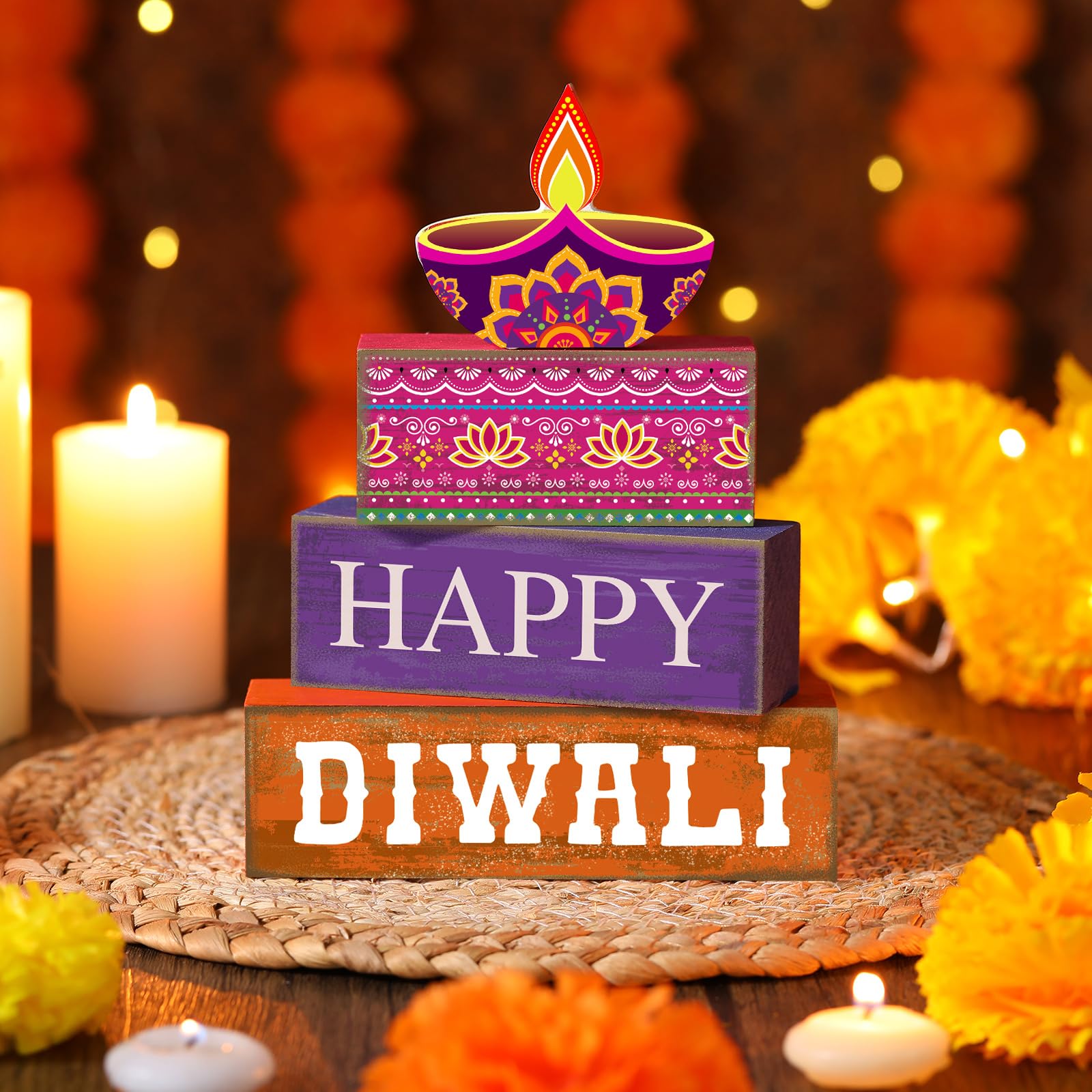 Lineshading 4 Pcs Diwali Wooden Table Decoration Centerpiece Happy Diwali Tiered Tray Decor Warm Wishes Diyas Wooden Design for
