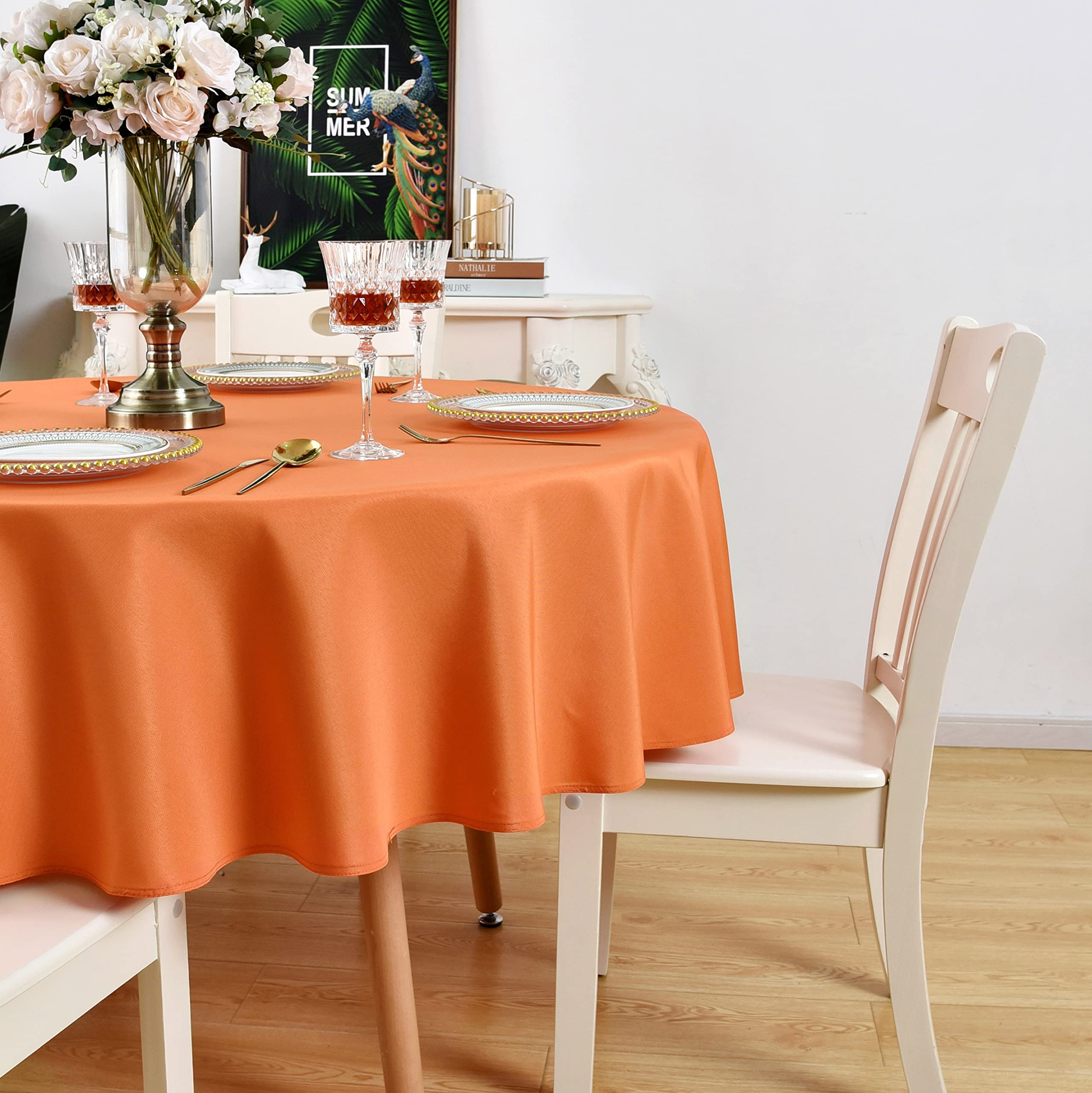 Kaipho Orange Round Tablecloth Waterproof Stain Resistant Wrinkle Free Table Cloth 210Gsm Polyester Washable Wipeable Table Cove
