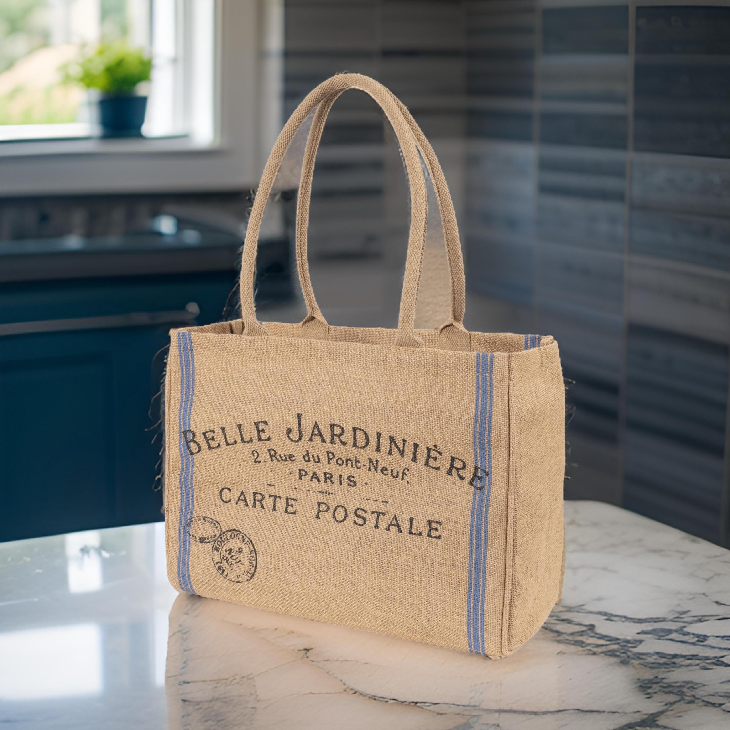 Kaf Home Jute Market Tote Bag, Belle Jardiniere Print, Durable Handle, Reinforced Bottom And Interior Zipper Pocket