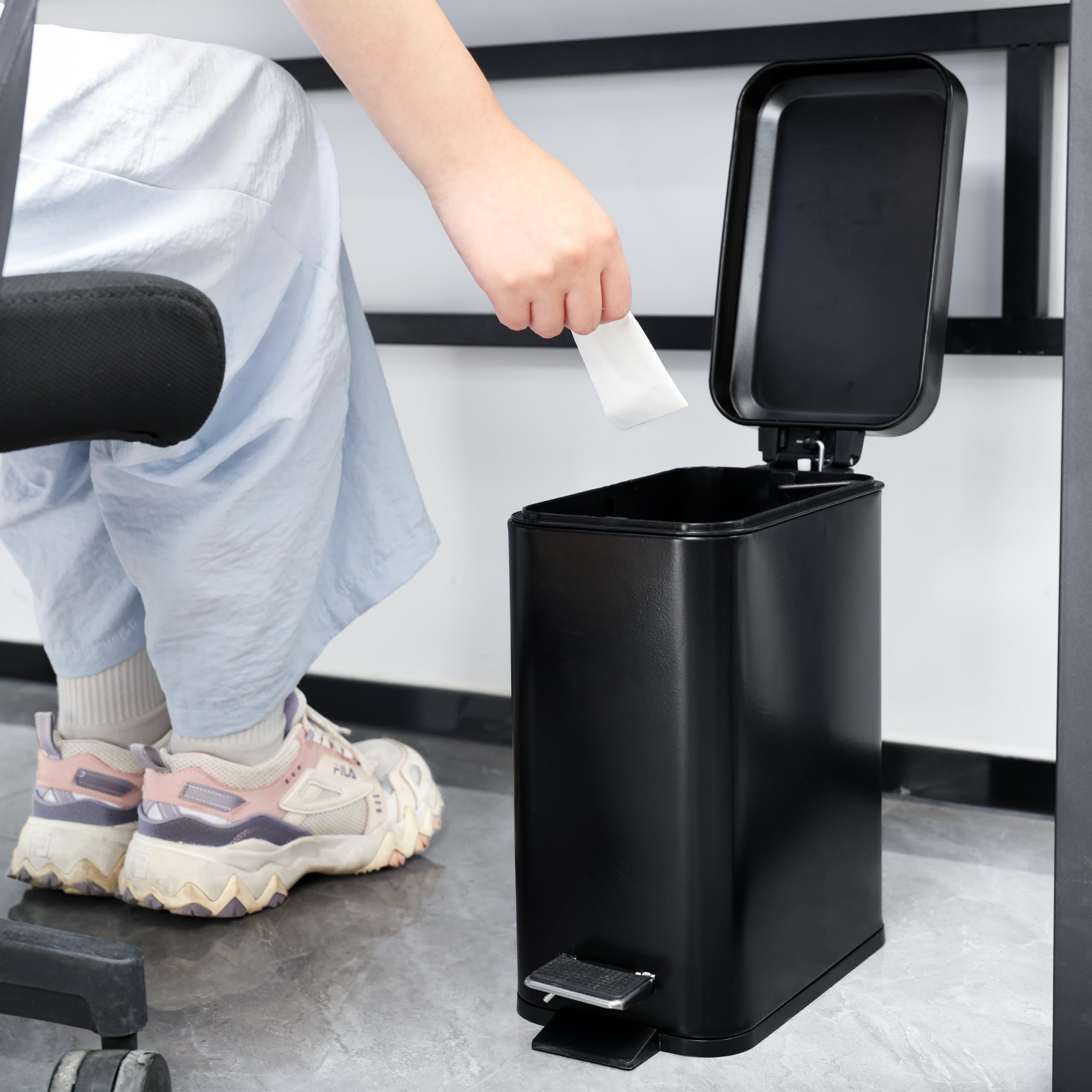 Cq Acrylic Rectangular Small Steel Step Trash Can Wastebasket,Black Stainless Steel Bathroom Slim Profile Trash Can,5 Liter/1.3