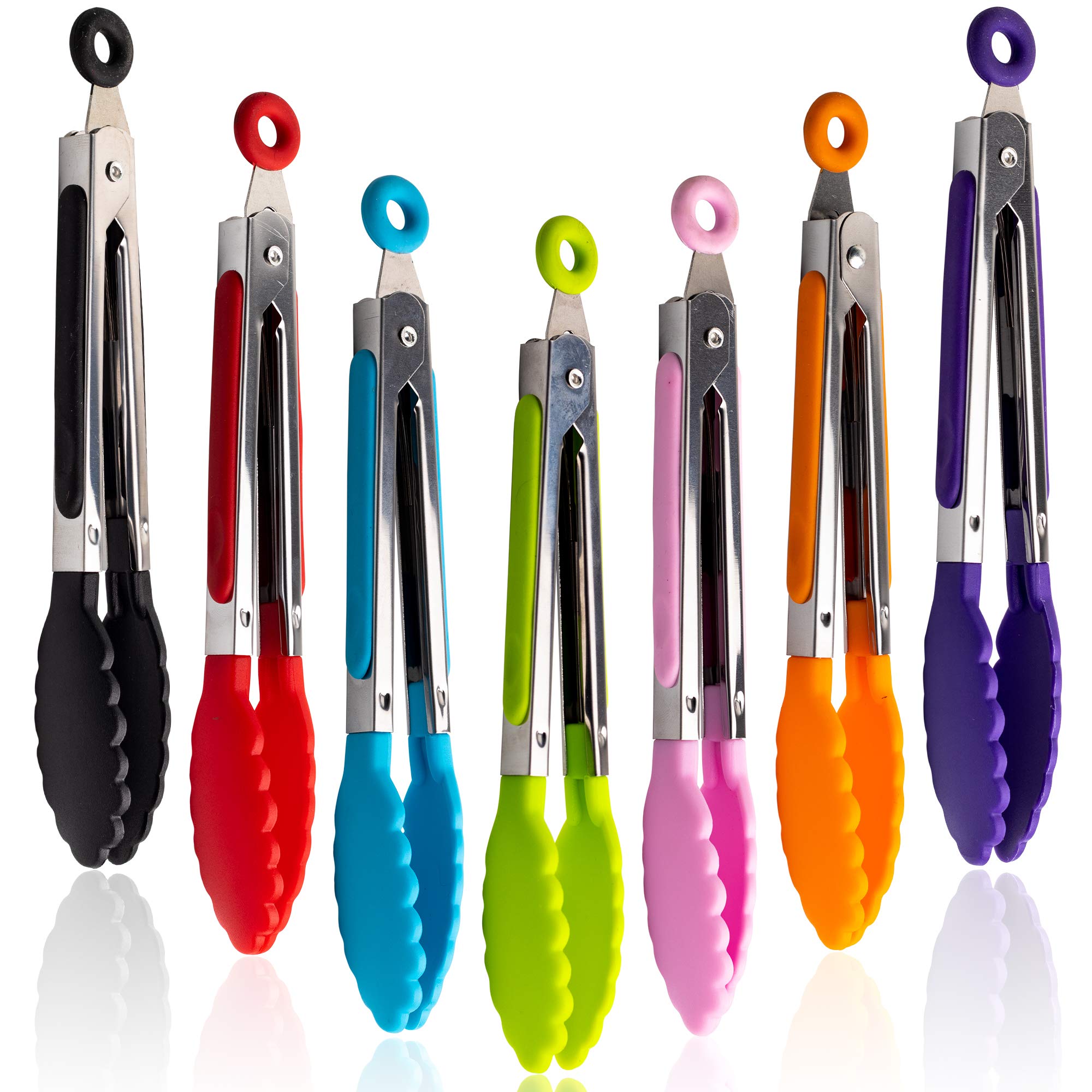7 Pack Kitchen Tongs Set 7-Inch Color Mini Small Food Tongs With Stainless Steel Silicon Handles And Nylon Tips Heat Resistant T