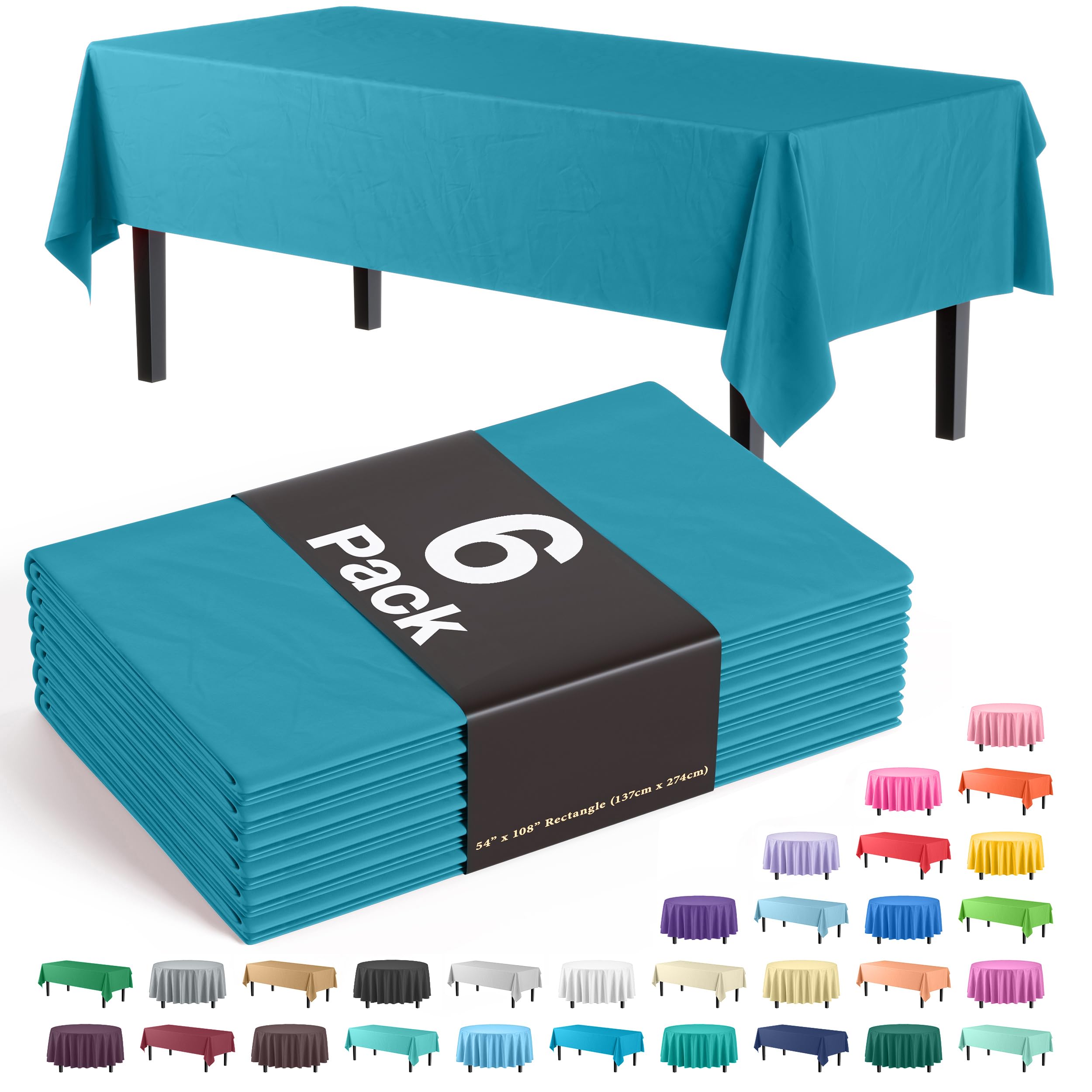 Exquisite 6-Pack Premium Plastic Tablecloth 54In. X 108In. Rectangle Plastic Table Cover - Turquoise