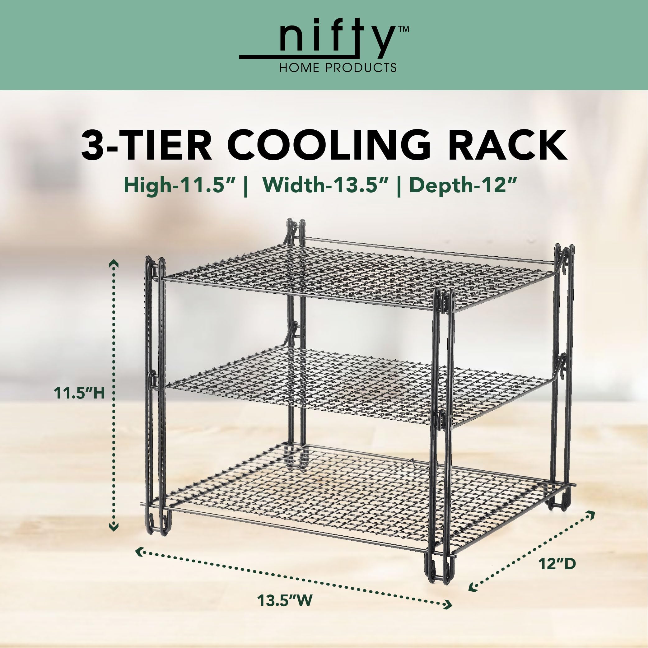 Nifty 3-Tier Cooling Rack - Non-Stick Coating, Wire Mesh Design, Dishwasher Safe, Collapsible Kitchen Countertop Organizer, Use