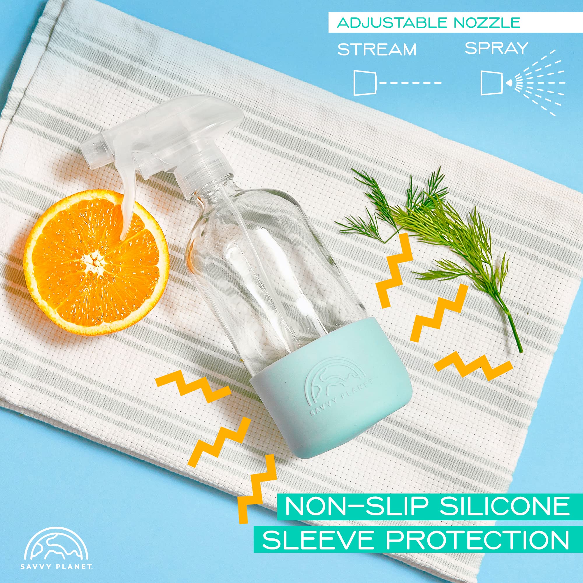 Savvy Planet - Glass Spray Bottles For Cleaning, Silicone Sleeve Bottom For Protection, Reusable Glass Spray Bottles 16 Oz With