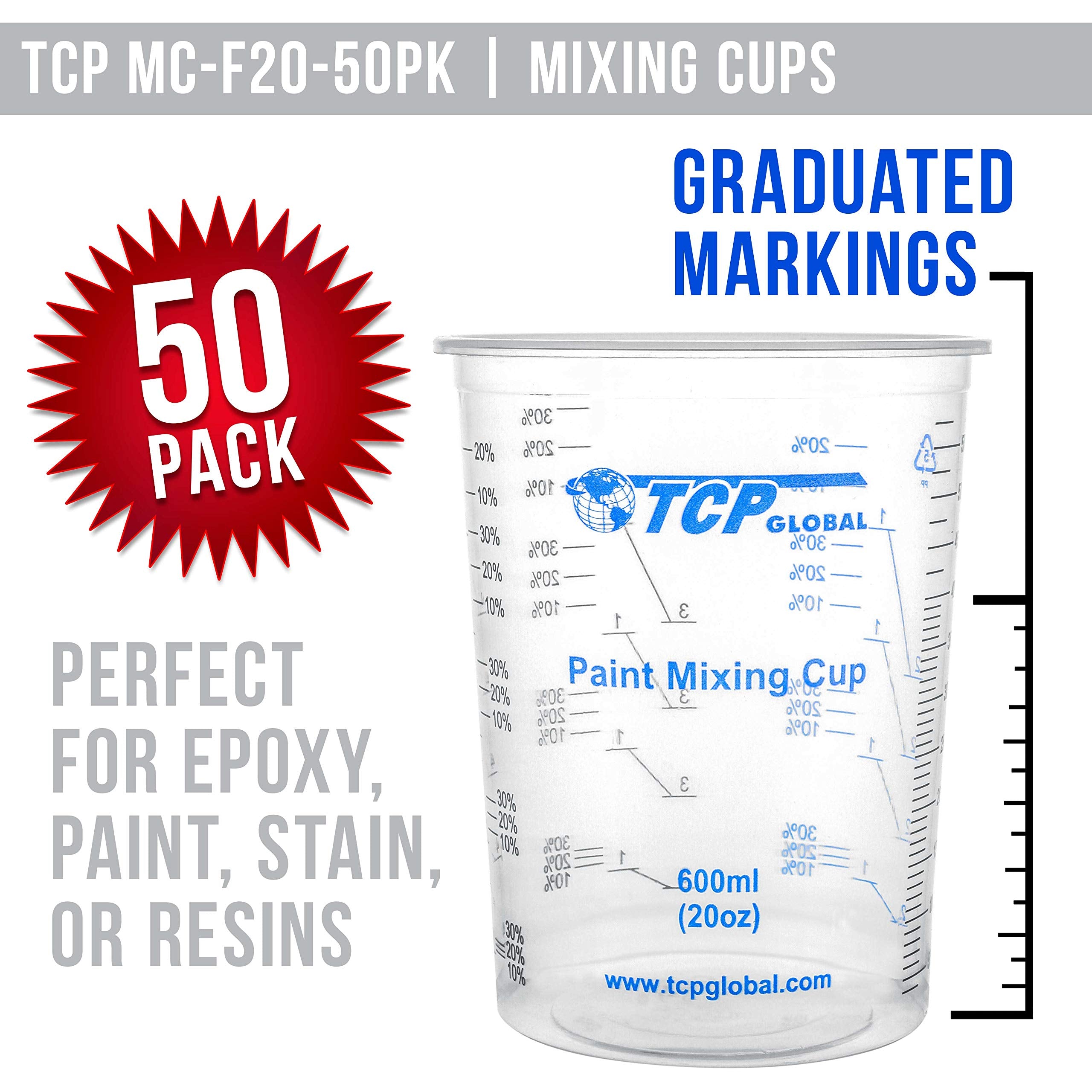 Tcp Global 20 Ounce (600Ml) Disposable Flexible Clear Graduated Plastic Mixing Cups - Box Of 50 Cups & 50 Mixing Sticks - Use Fo