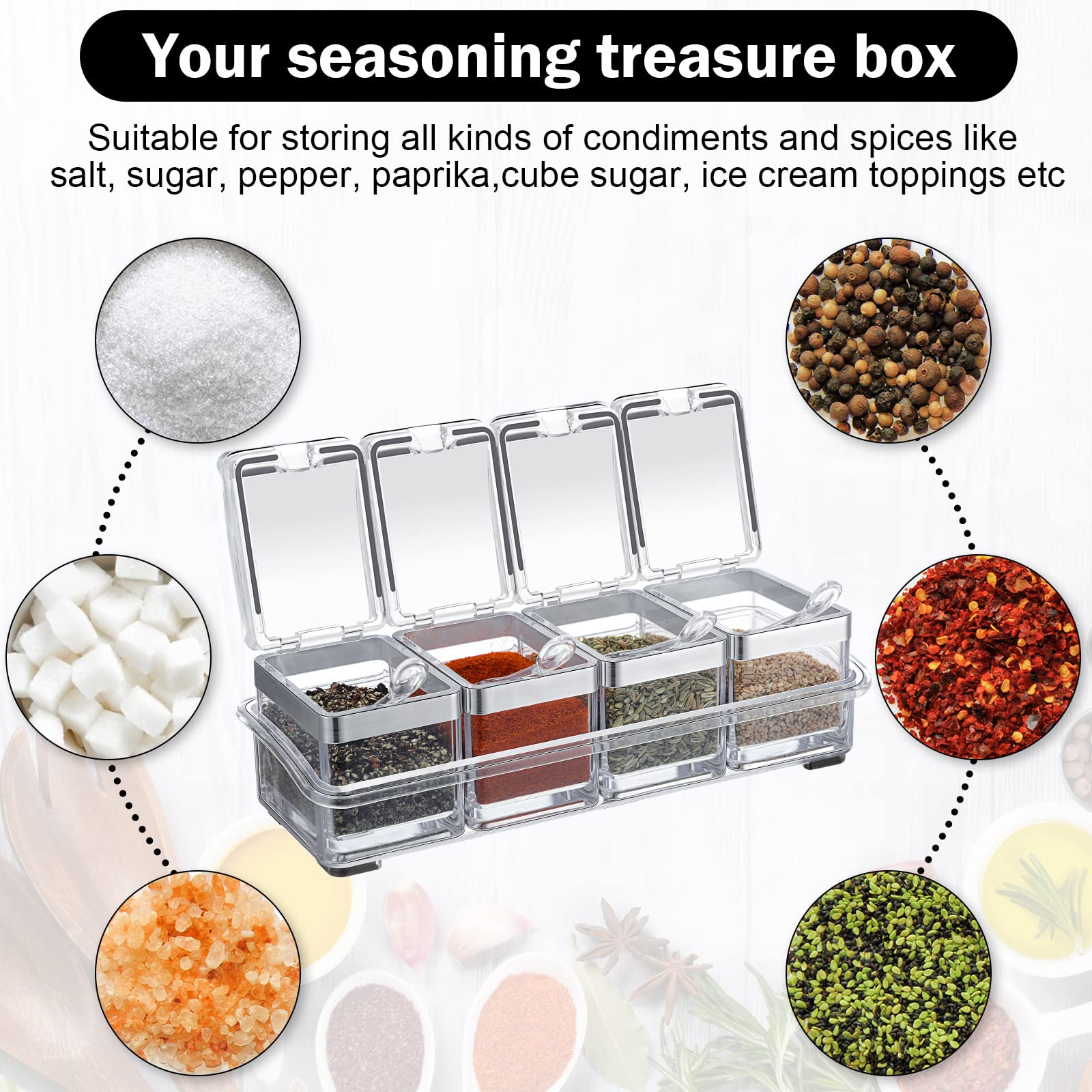 2 Set Acrylic Seasoning Organizer Box 8 Pcs Clear Seasoning Rack Spice Pots Condiments Containers with Lids and Spoons Storage C