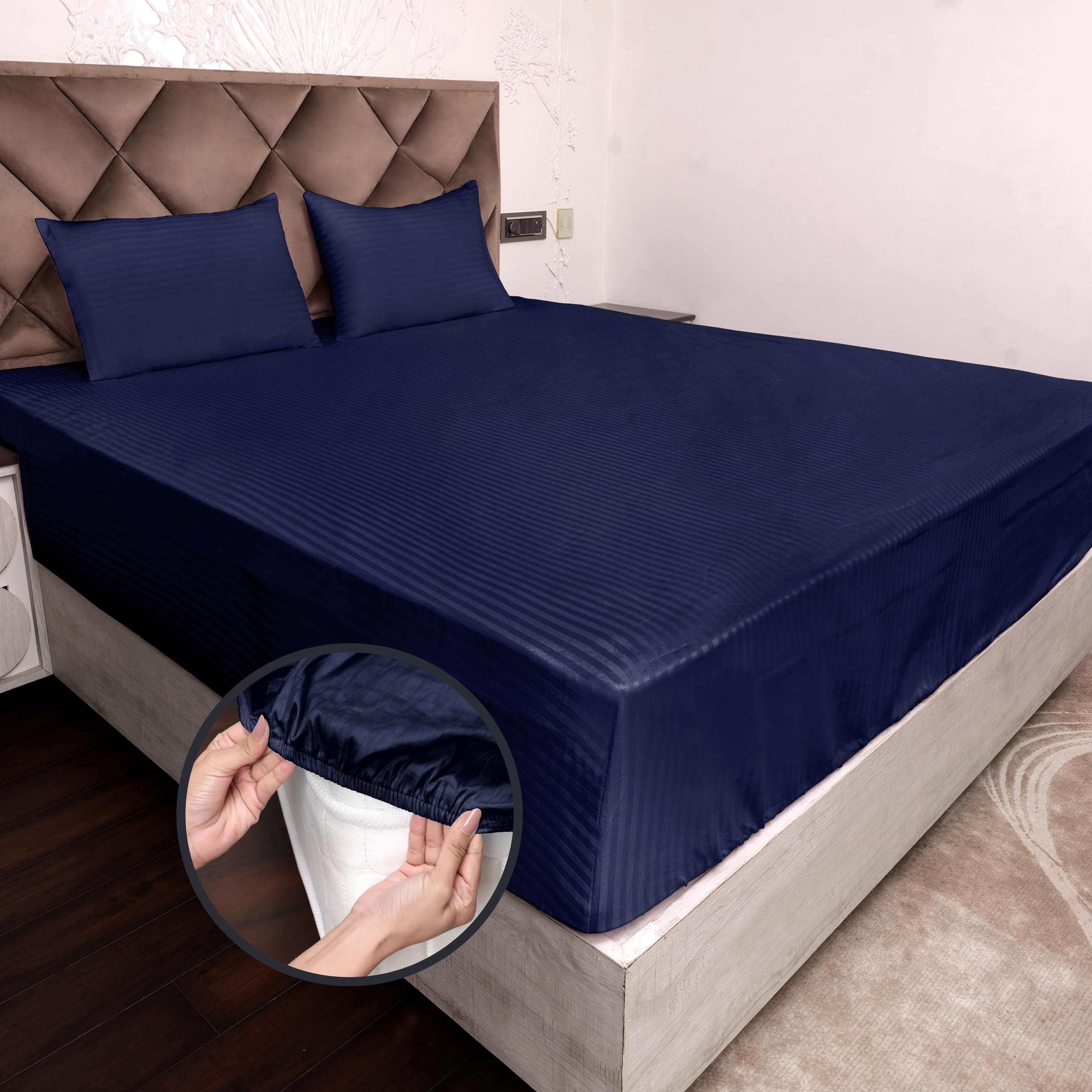 AVI Pure 100% Cotton 300 Tc Twin Size Fitted Bedsheet 48x78 PatternStripe with 1 Pillow Covers (Dark Blue)