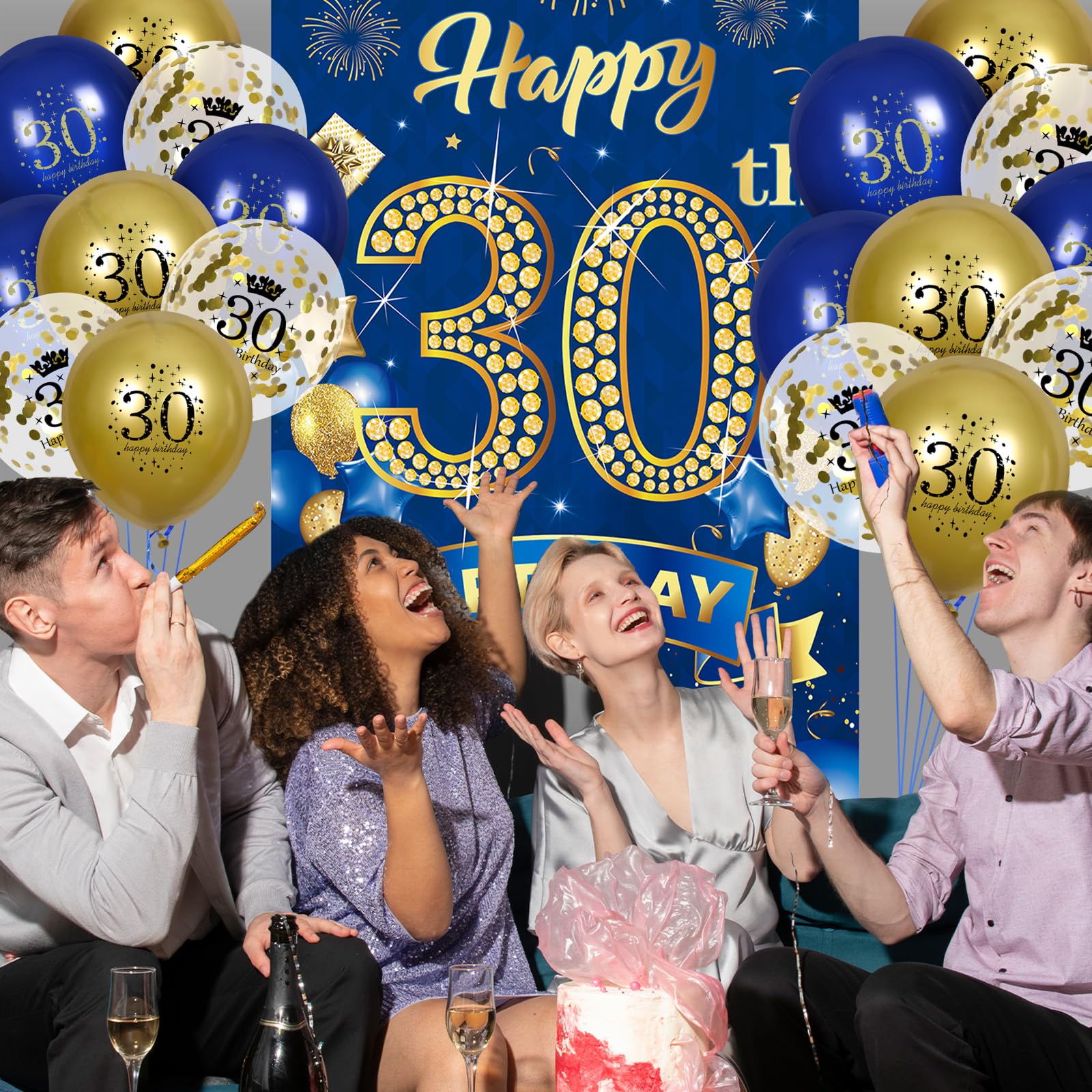 30Th Birthday Party Decorations For Men Navy Blue Gold Happy 30Th Birthday Banner With 18Pcs 30Th Balloons 30Th Door Cover Backd