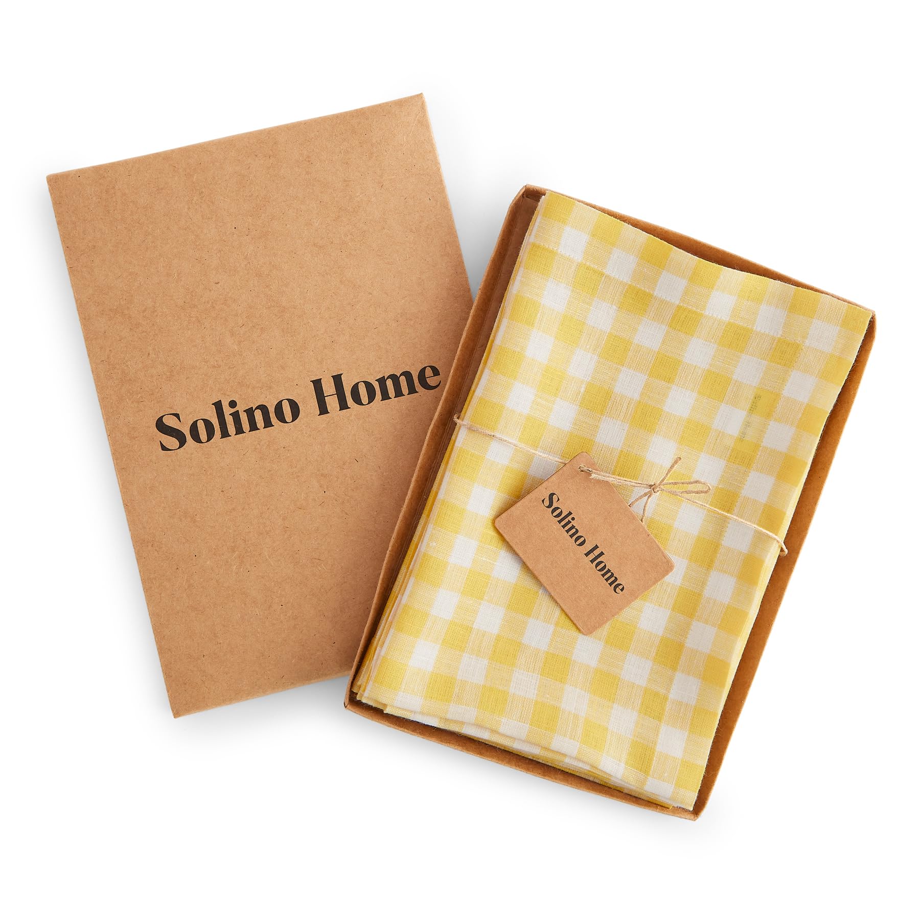 Solino Home Gingham Check Linen Napkins Set Of 4 - 100% Pure Linen Marigold Yellow Plaid Napkins 20 X 20 Inch - Machine Washable