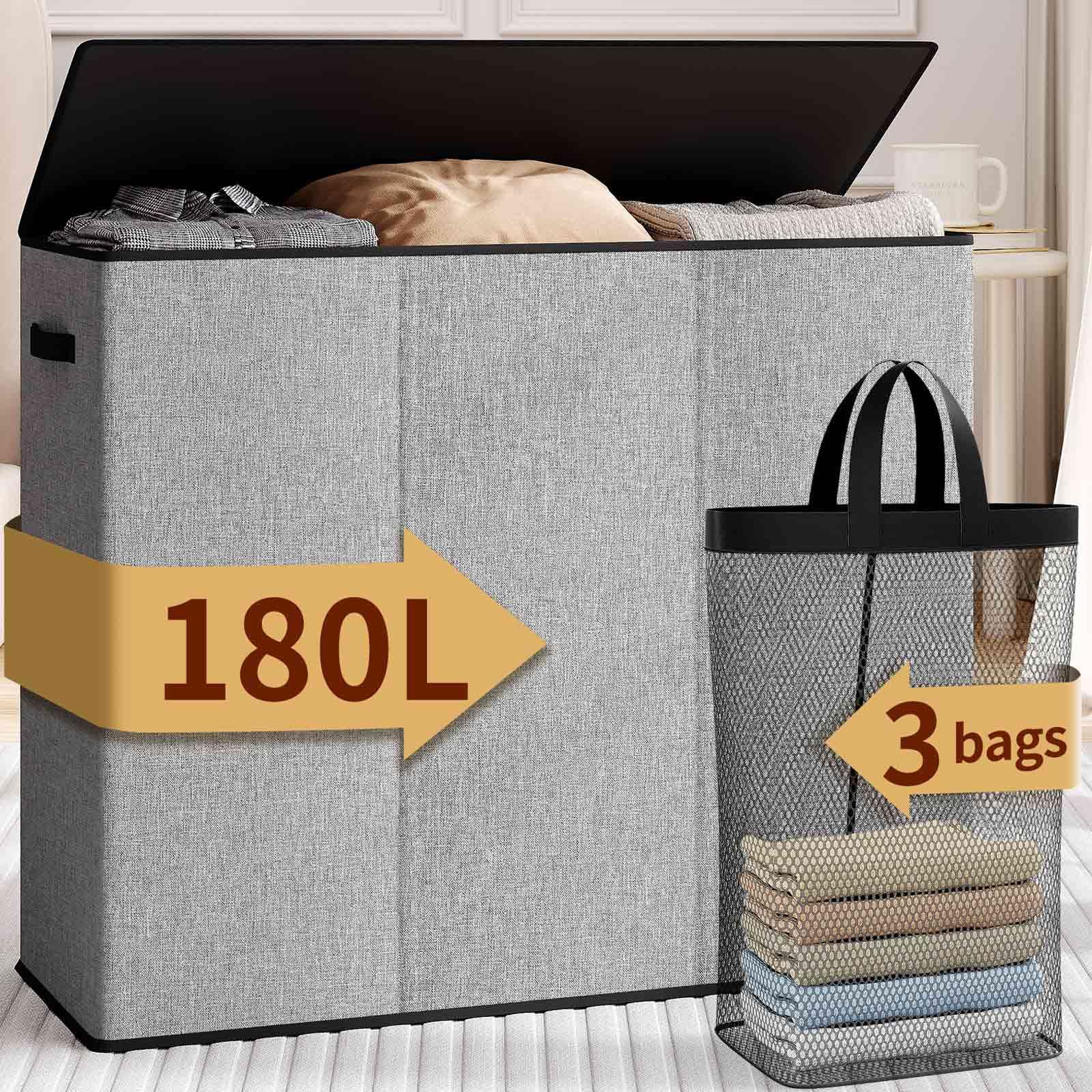 Relefree Laundry Hamper 3 Section,180L Large Laundry Basket For Laundry Sorting,Clothes Hamper With 3 Removable Bags,Laundry Ham