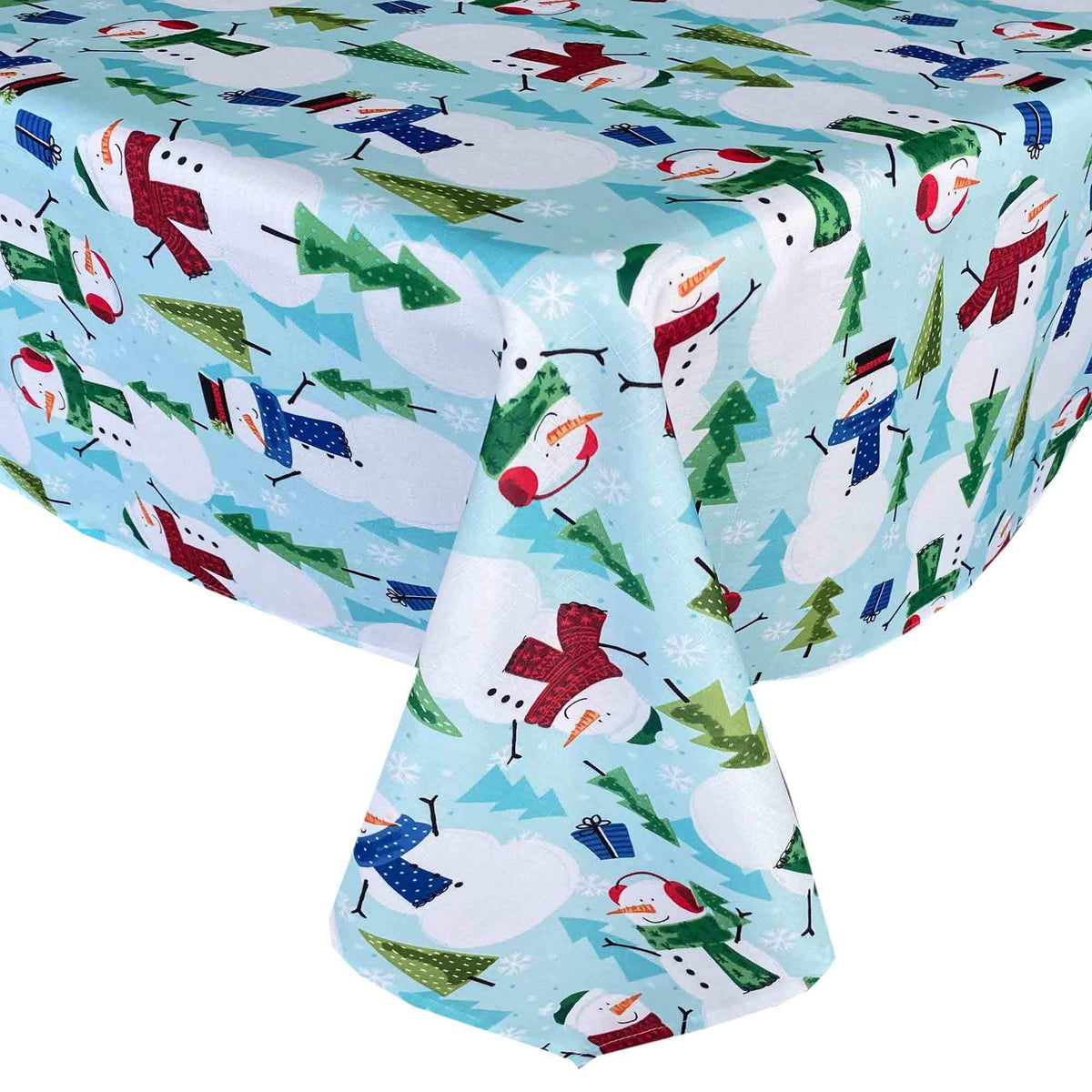 Newbridge Blue Snowman Fun Christmas Fabric Tablecloth, Cheerful Snowmen And Evergreen Tree Print Xmas Soil Resistant, No Iron E