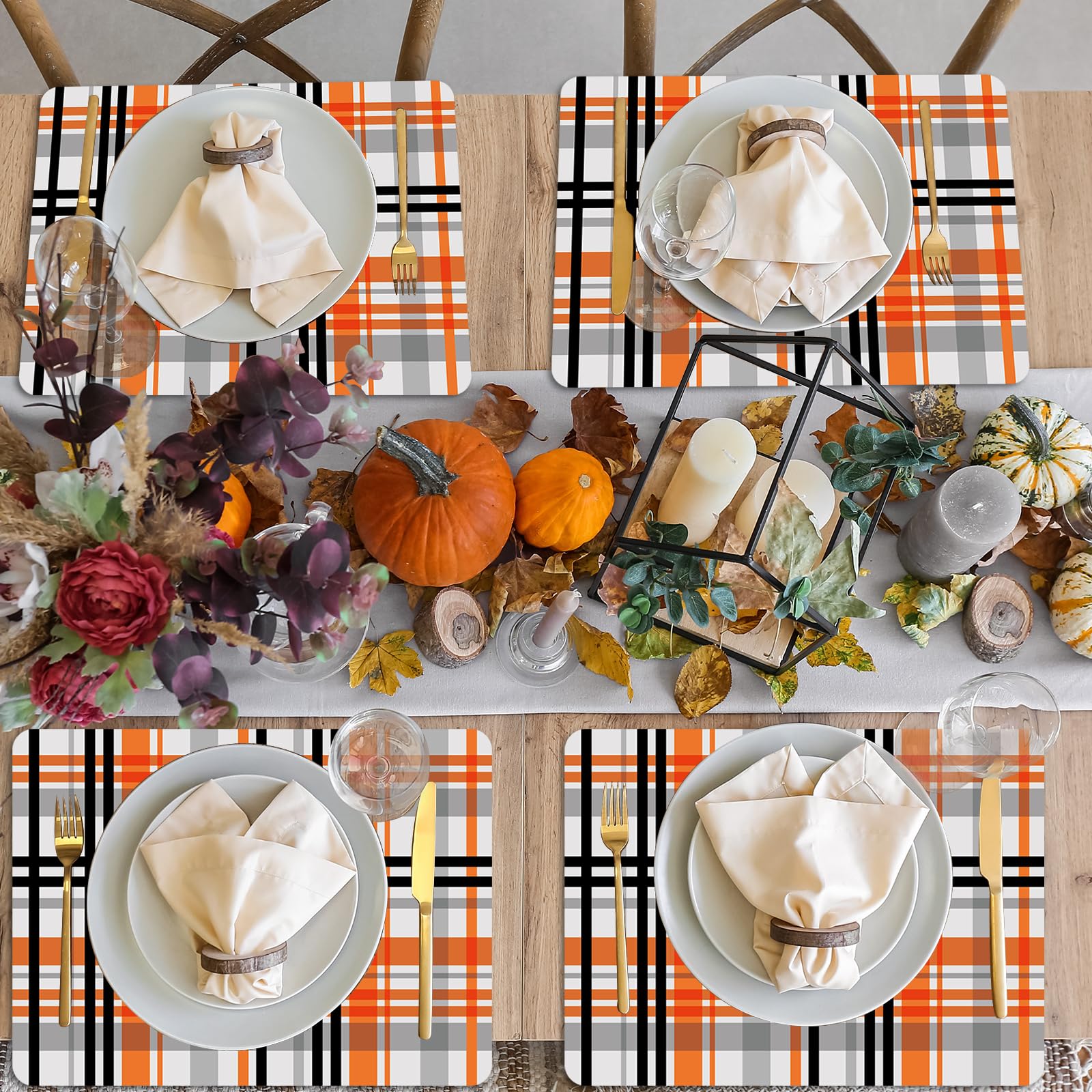 Orange Black Buffalo Plaid Fall Placemats Set Of 6 Fall Plastic Thanksgiving Table Mats Orange Black Buffalo Plaid Table Mats Ha