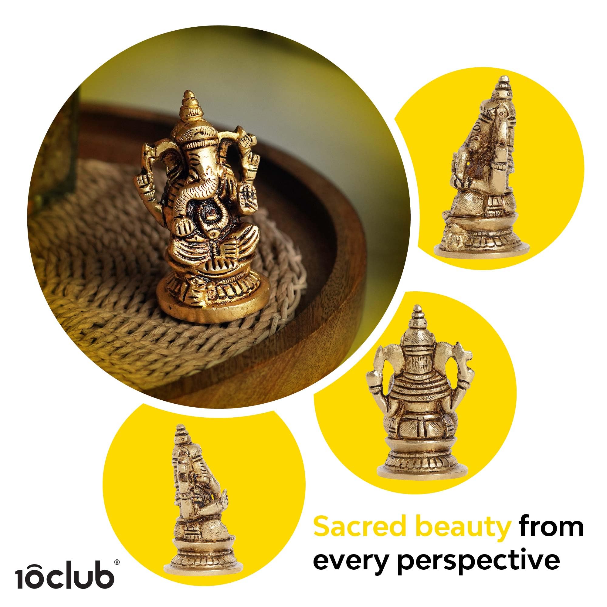 10Club 100% Pure Brass Lord Ganesha Idol for Home | 6.8 CM | Ganesh Murti | Yellow Antique Finish