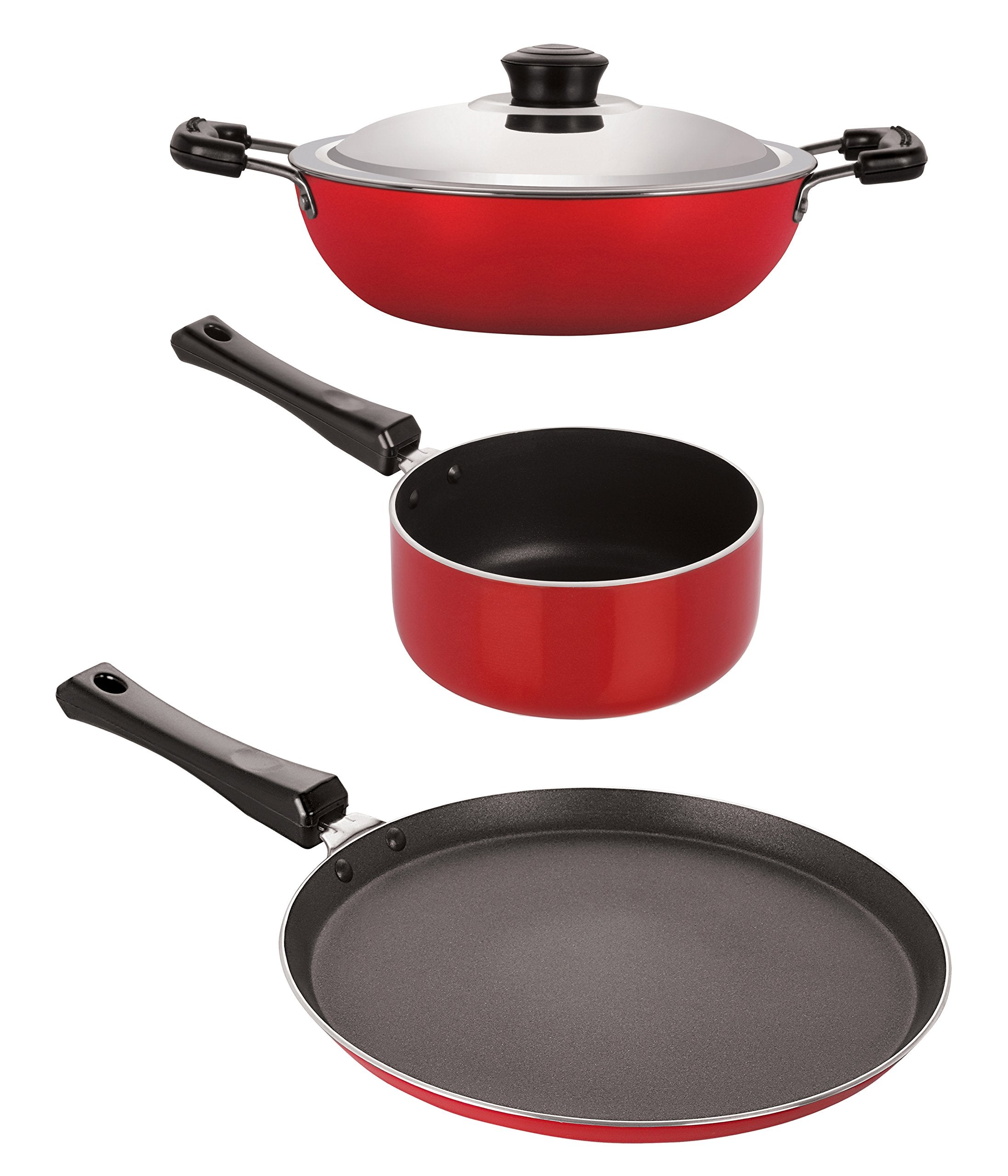 Nirlon Chemical Free 3 Piece NonStick Coated Healthy Kitchenware Essential Combo Set Gift Offer, 2.6Mm_Ft12_Dkd(B)_Sp(M)