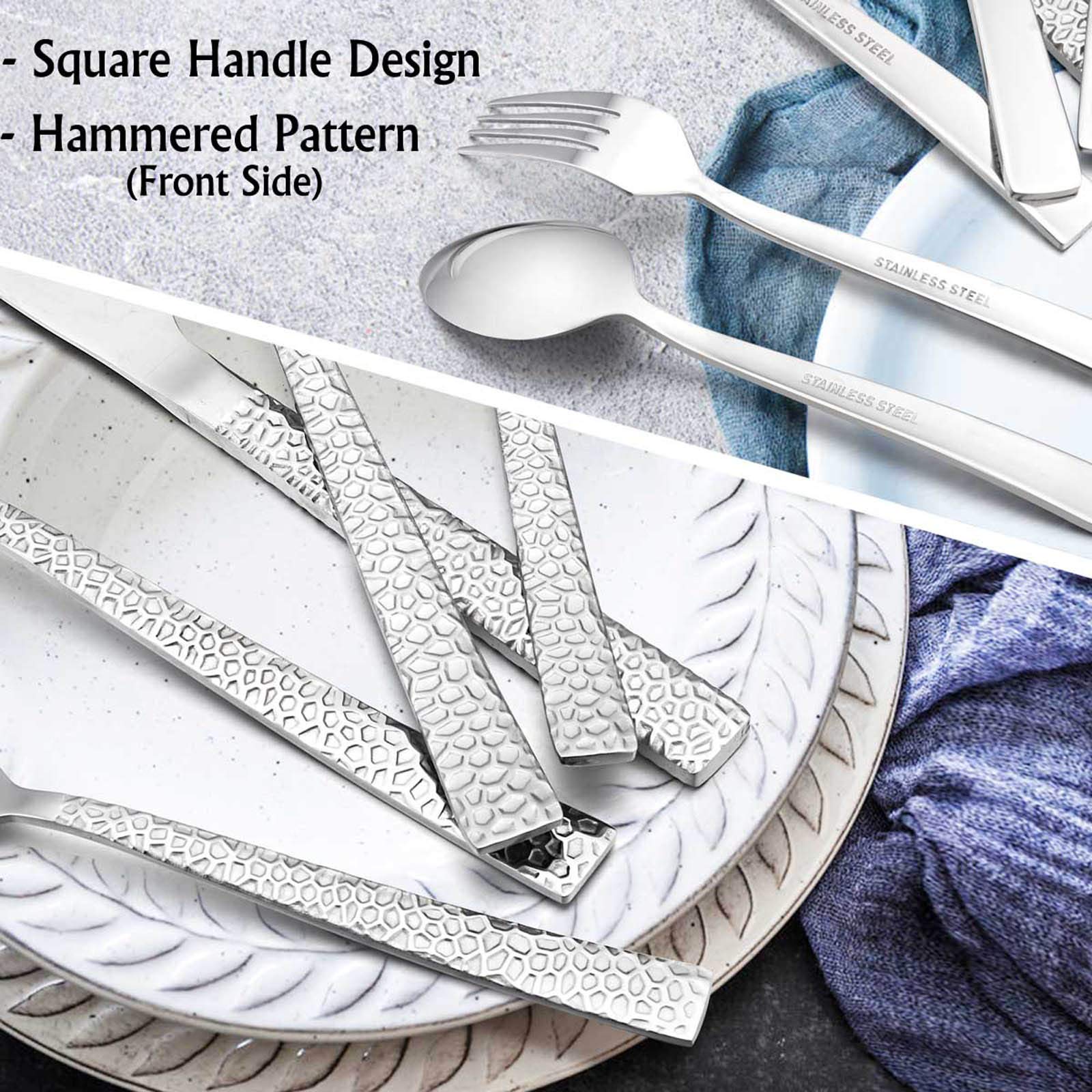 E-Far 60-Piece Silverware Set, Hammered Stainless Steel Square Flatware Cutlery Set For 12, Tableware Set Eating Utensils For Ho