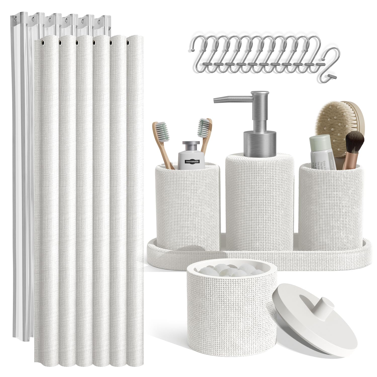 Clara Clark Bathroom Set - White Bathroom Accessories Set, 19PC Bathroom Accessory Set, Bathroom Sets with Shower Curtain Set, S