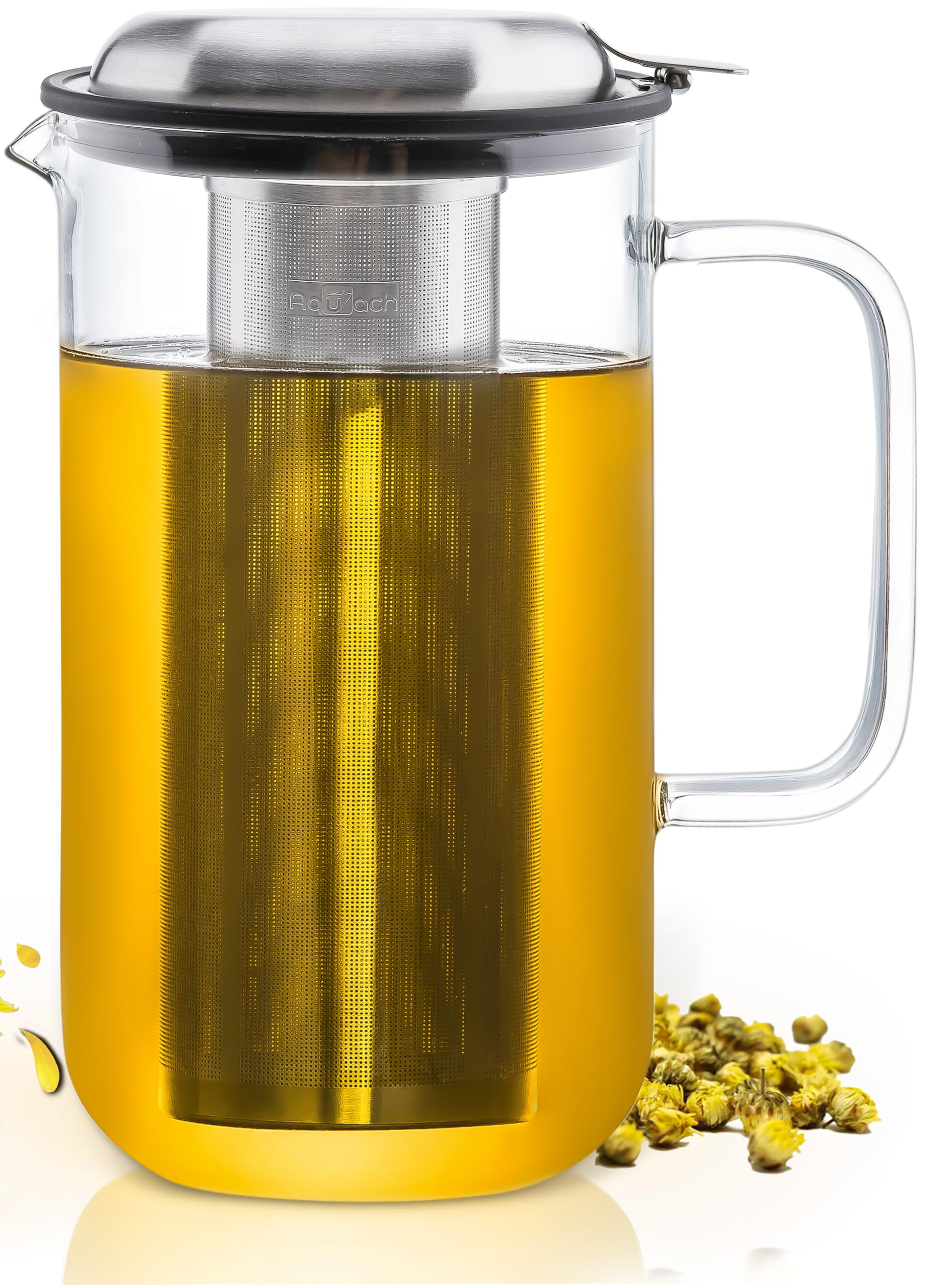 Aquach 51oz Glass Teapot with Stainless Steel Removable Infuser, Stovetop & Dishwasher Safe, Ideal for Loose & Blooming Tea Brew