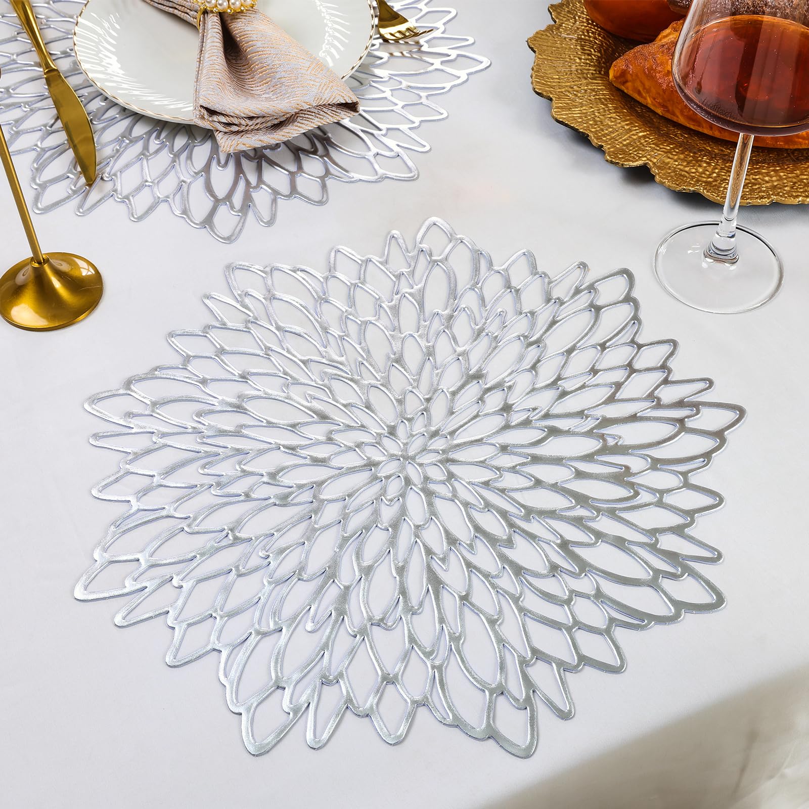 U'Artlines 6 Pair Silver Floral Hollow Out Placemats With Matching Coasters, Total 12 Pcs Metallic Laminated Vinyl Placemats Non