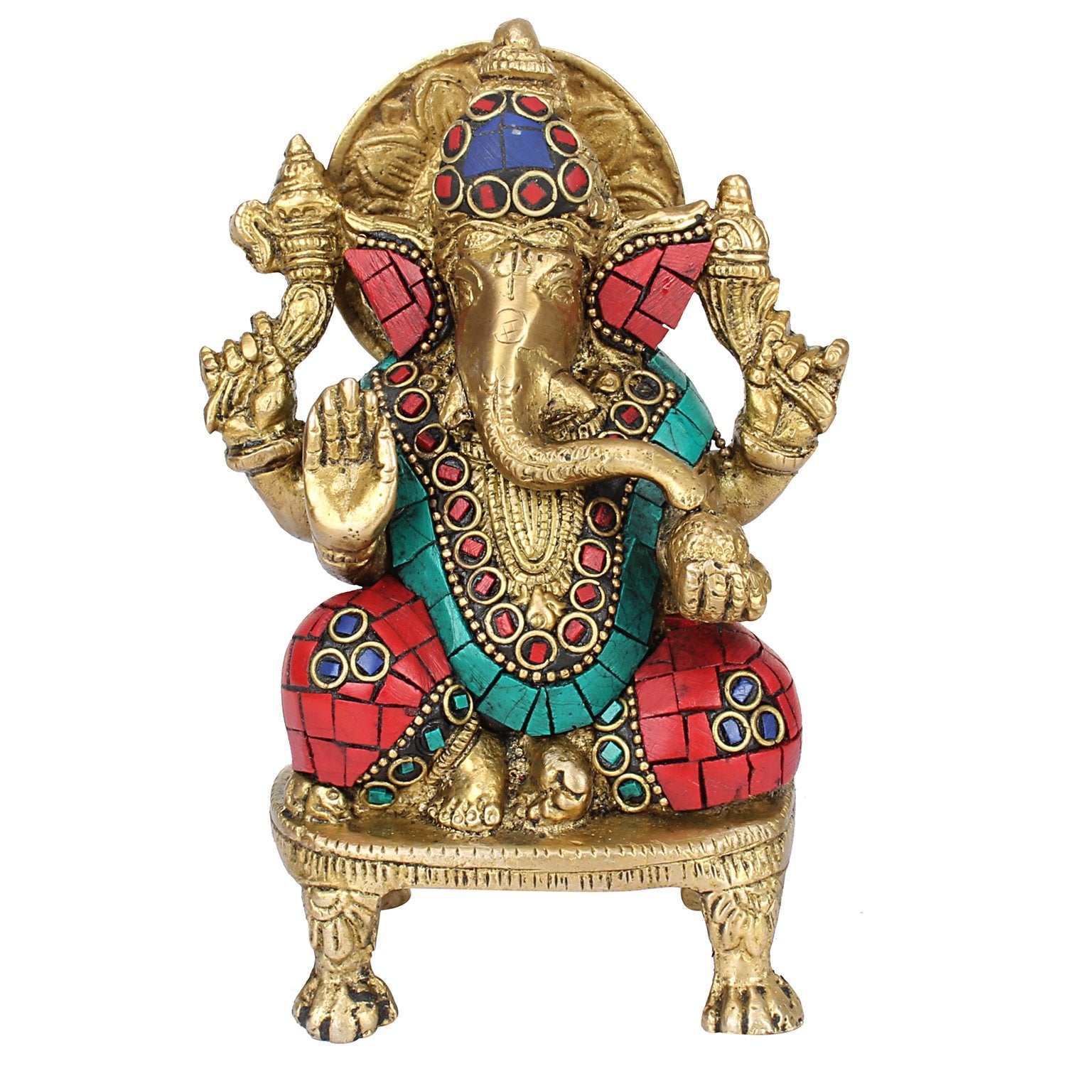 Kartique Brass Ganesh Bhagwan Blessing Idol God Resting Decorated With Multicolored Stone Statue For Home Entrance Chaturthi Diw