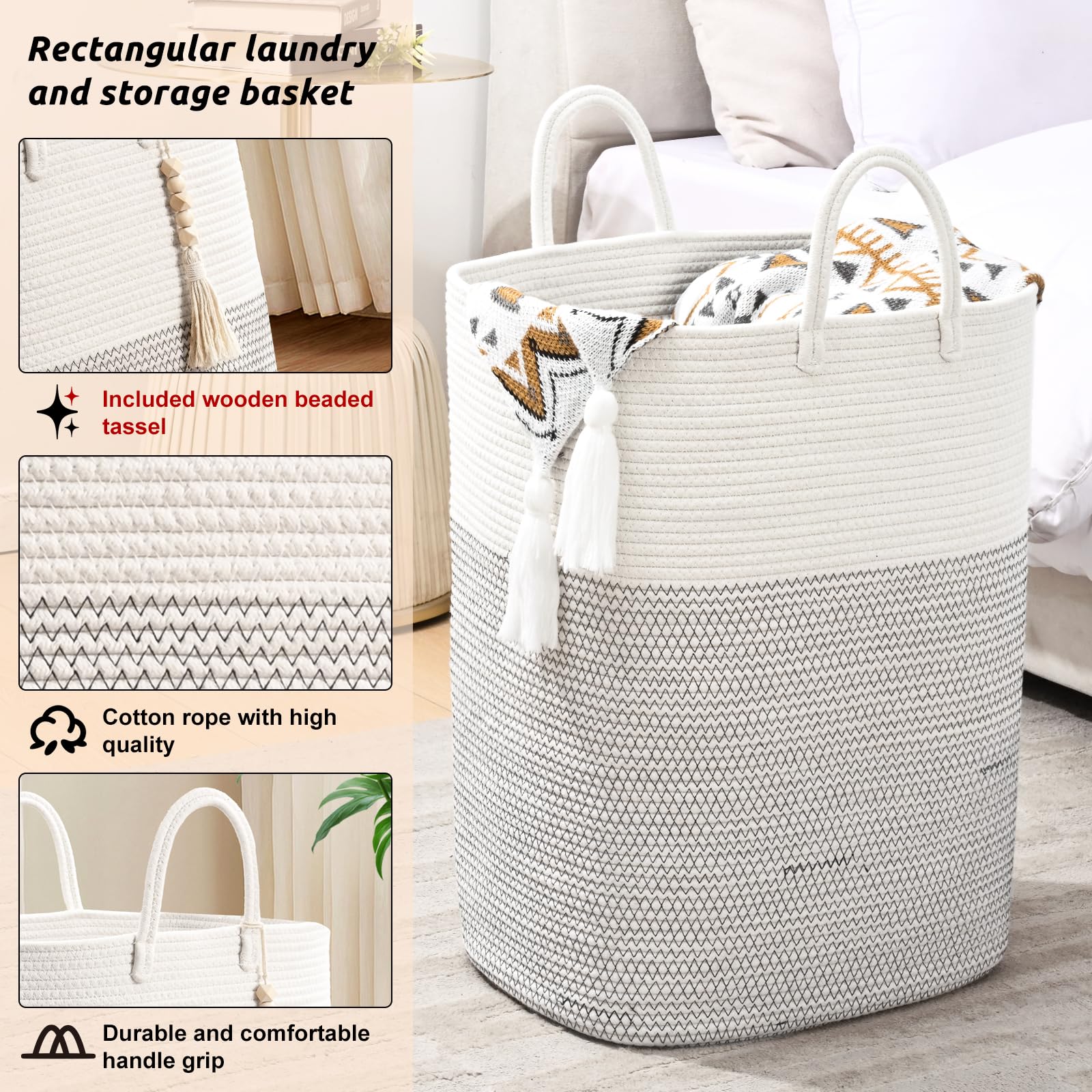Woven Laundry Basket For Clothes, 50 L Large Rectangle Laundry Hampers With Beads Tassel, Nursery Storage Basket For Toys, Tall