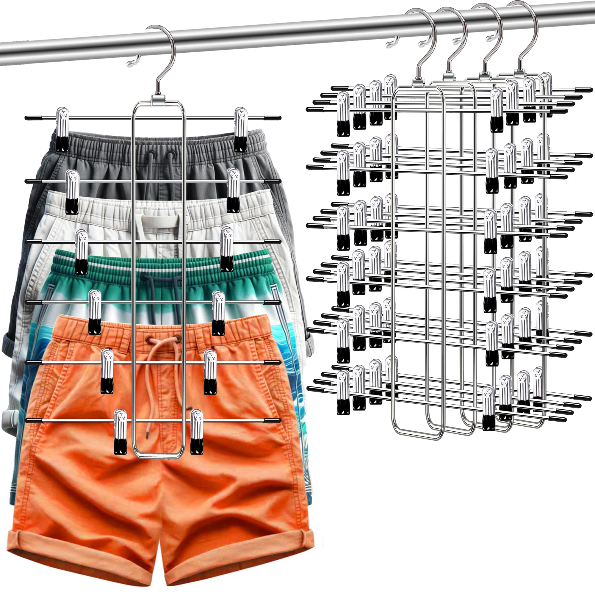 4 Pack Pants-Hangers-Space-Saving,College-Dorm-Room-Essentials,6 Tier Skirt-Hangers With Clips For Closet Organizer,Closet-Organ
