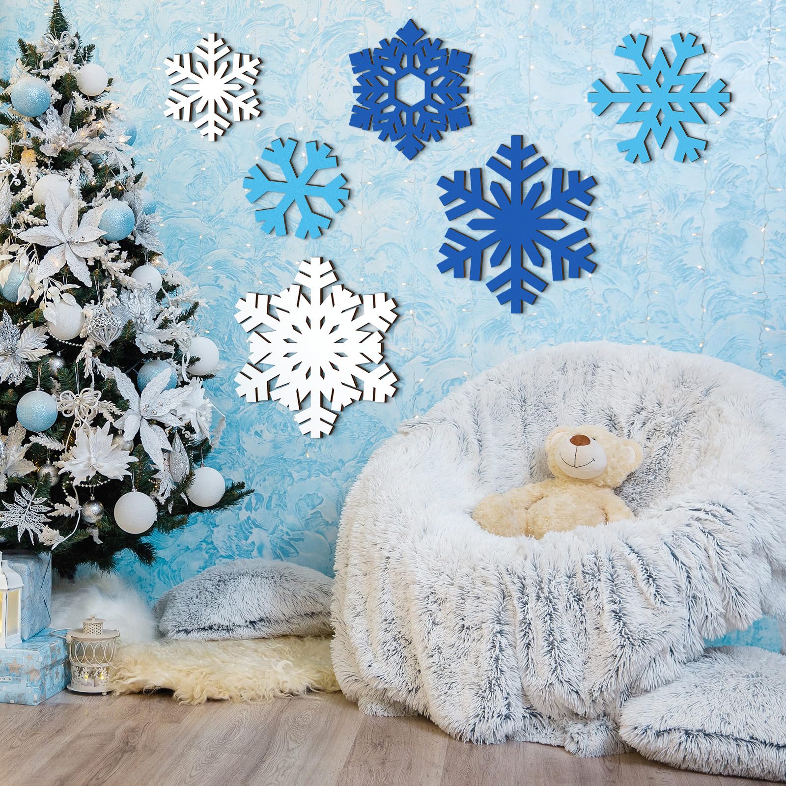 Thyle 6 Pcs Winter Wooden Sign Decoration for Wall Snowflake Shape Sign 3 Sizes Snowflake Hanging Plaques Rustic Wood Wall Holid