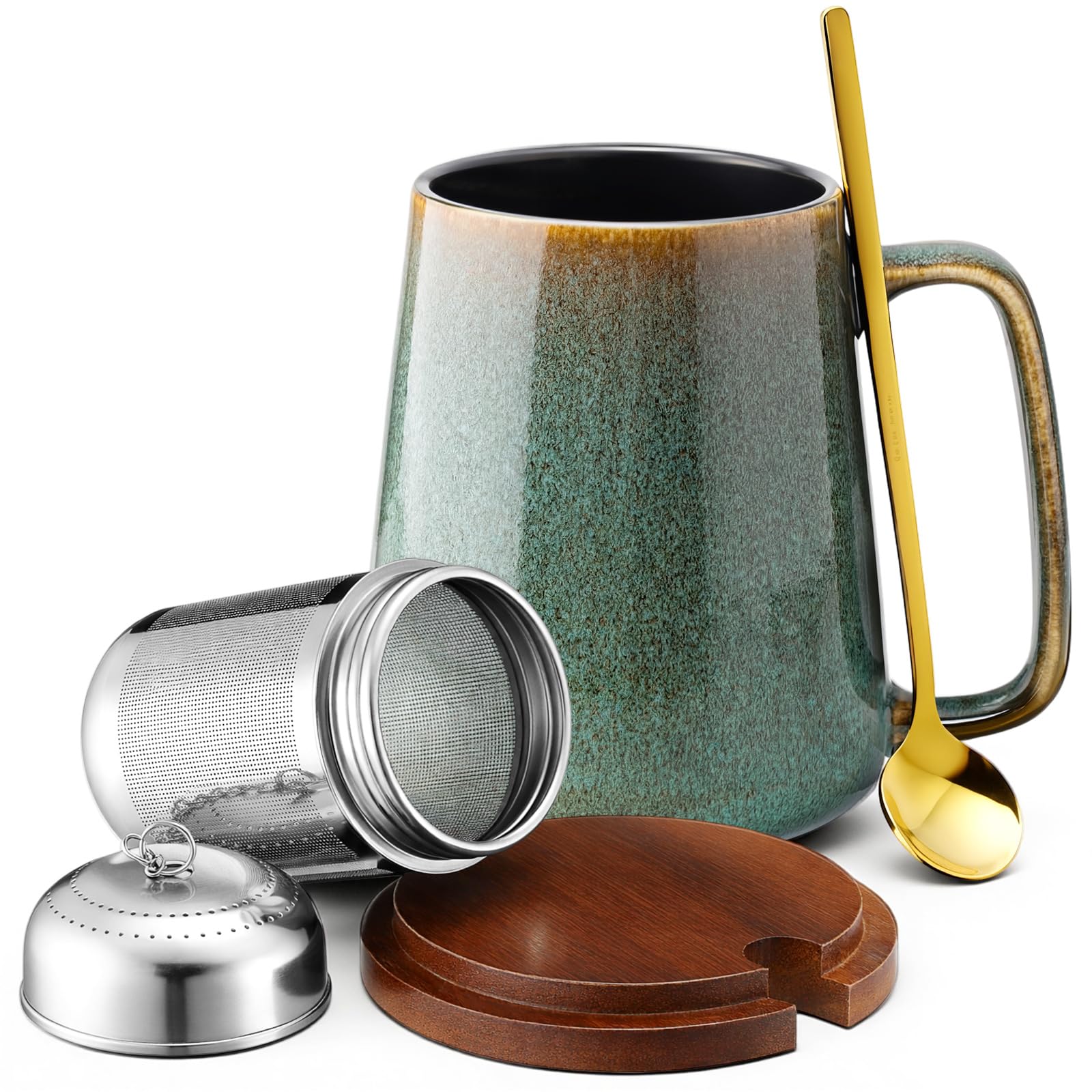 Zhehao 24oz Large Ceramic Tea Mug with Loose Leaf Infuser, Gift for Men Women, Coffee Cup with Lid & Spoon for Tea Lovers, Micro