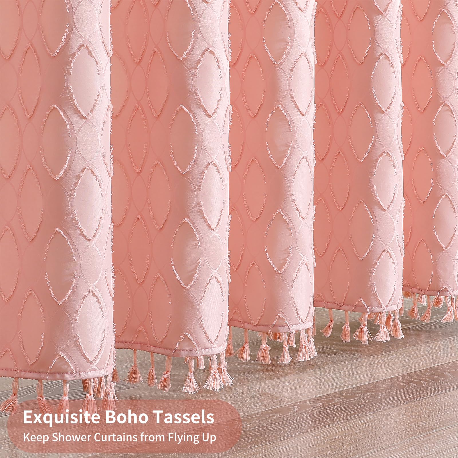 Qiyi Pink Fabric Shower Curtain, Boho Bathroom Curtain With Tassel, Tufted Geometric Ogee Textured Cloth Bath Curtain, Farmhouse