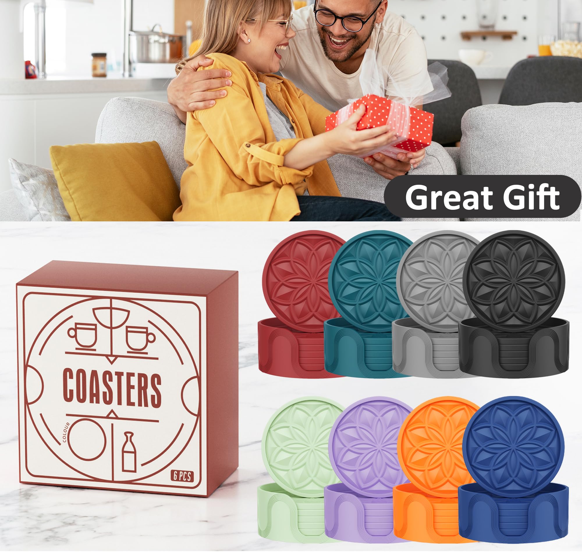 HFHOME Coasters for Drinks 6 Pack Silicone Coasters Set with Holder  Drink Coaster for Coffee Table  Table Cup Mat Desk Coaster for Drinks  Bar Coasters for Home Decor Tabletop Protection Gift - Black