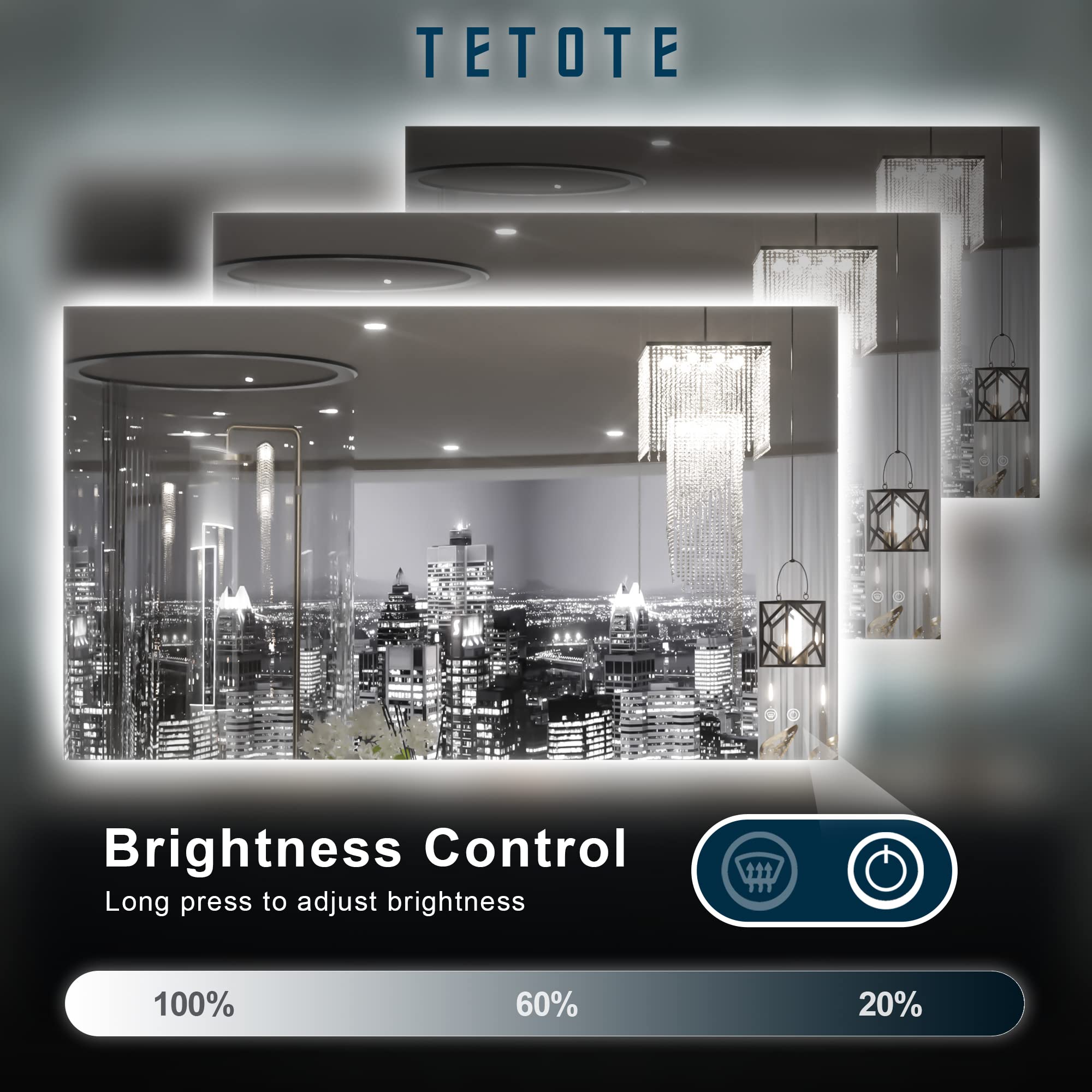 TETOTE 40 x 24 Inch LED Backlit Bathroom Vanity Mirror with Light Anti-Fog Dimmable CRI90+ Touch Button Water Proof Horizontal/Vertical Wall Mounted Lighted Mirror