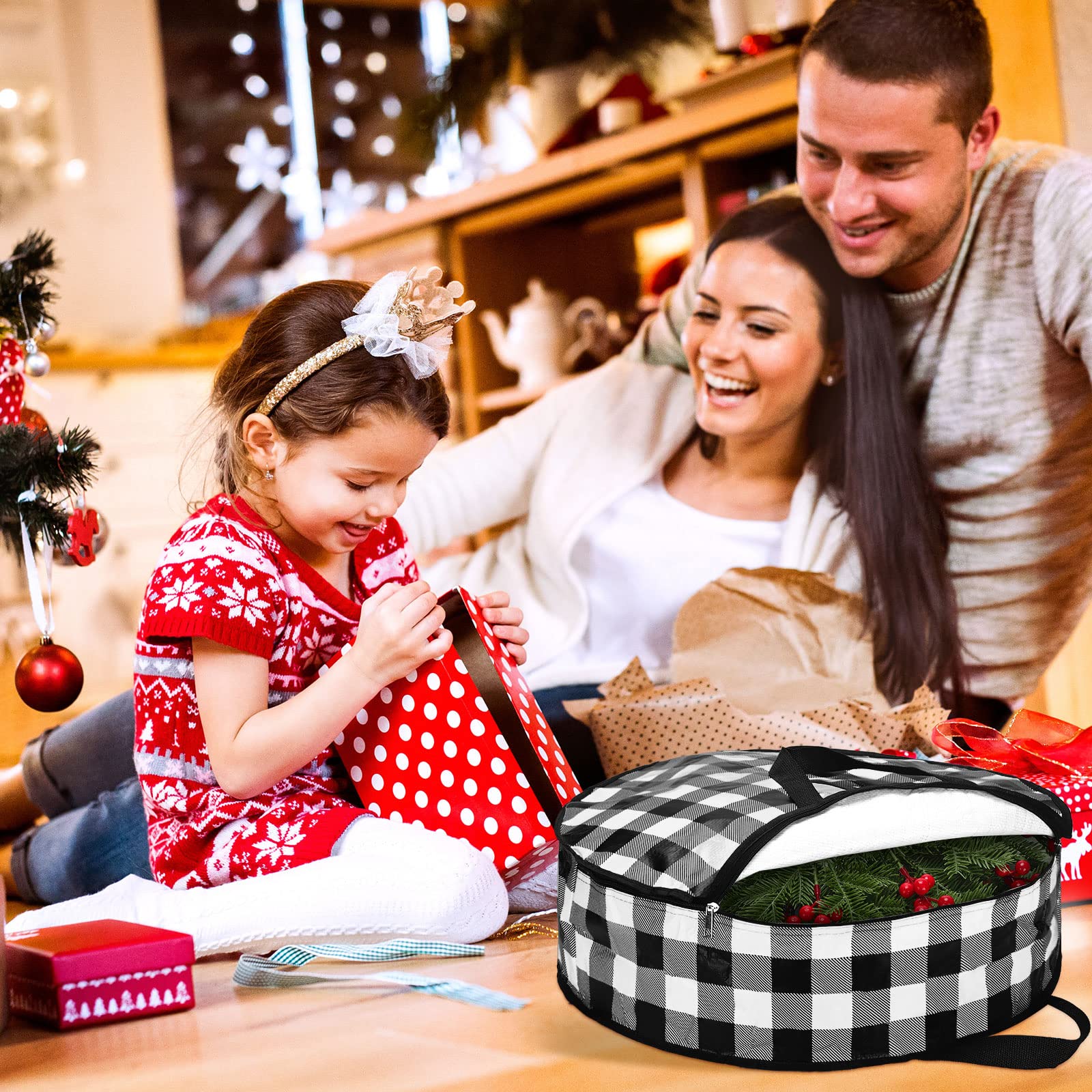 Sadnyy 4 Pcs Christmas Wreath Storage Bag 24 Inch Large Wreath Storage Container Buffalo Plaid Garland Container Waterproof Wrea