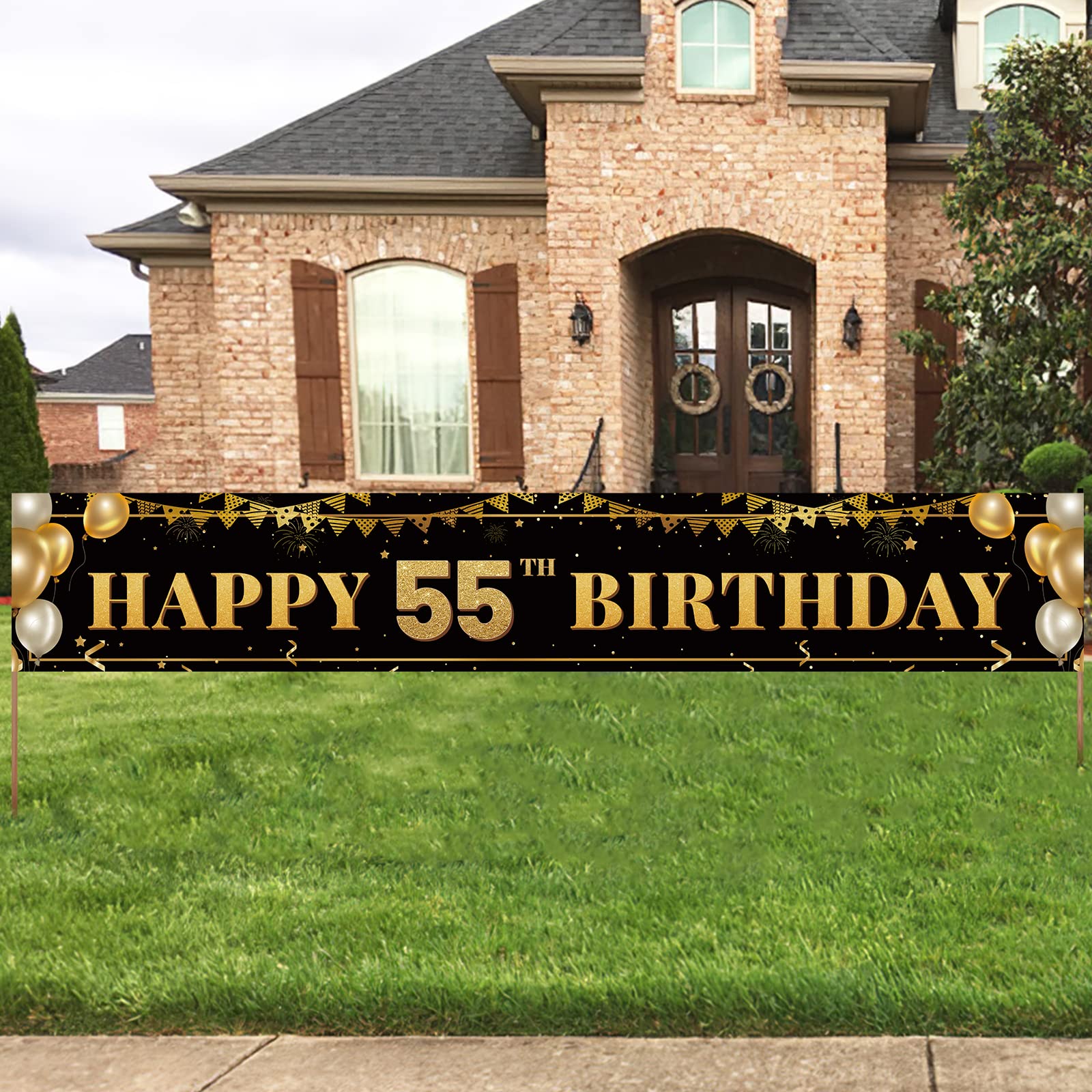 Large Happy 55Th Birthday Decoration Banner, Black And Gold Happy 55Th Birthday Banner Sign, 55Th Birthday Party Decorations Sup