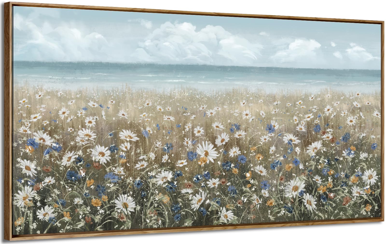 Large Wall Art For Living Room Framed Boho Beach Coastal Floral Ocean Wall Picture Farmhouse Daisy Flower Sea Canvas Print Nauti