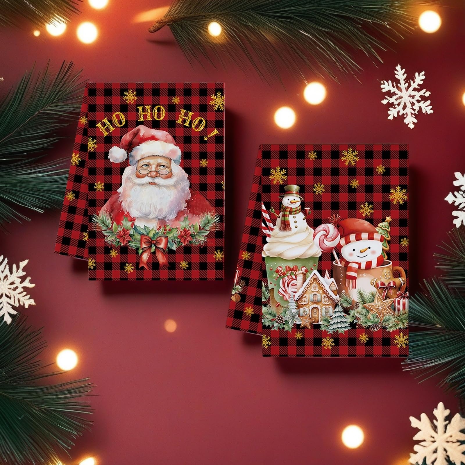Christmas Kitchen Towels Set Of 2, Black Red Plaid Cute Santa Claus Snowman Dish Towels, Holiday Farmhouse Kitchen Towels Funny