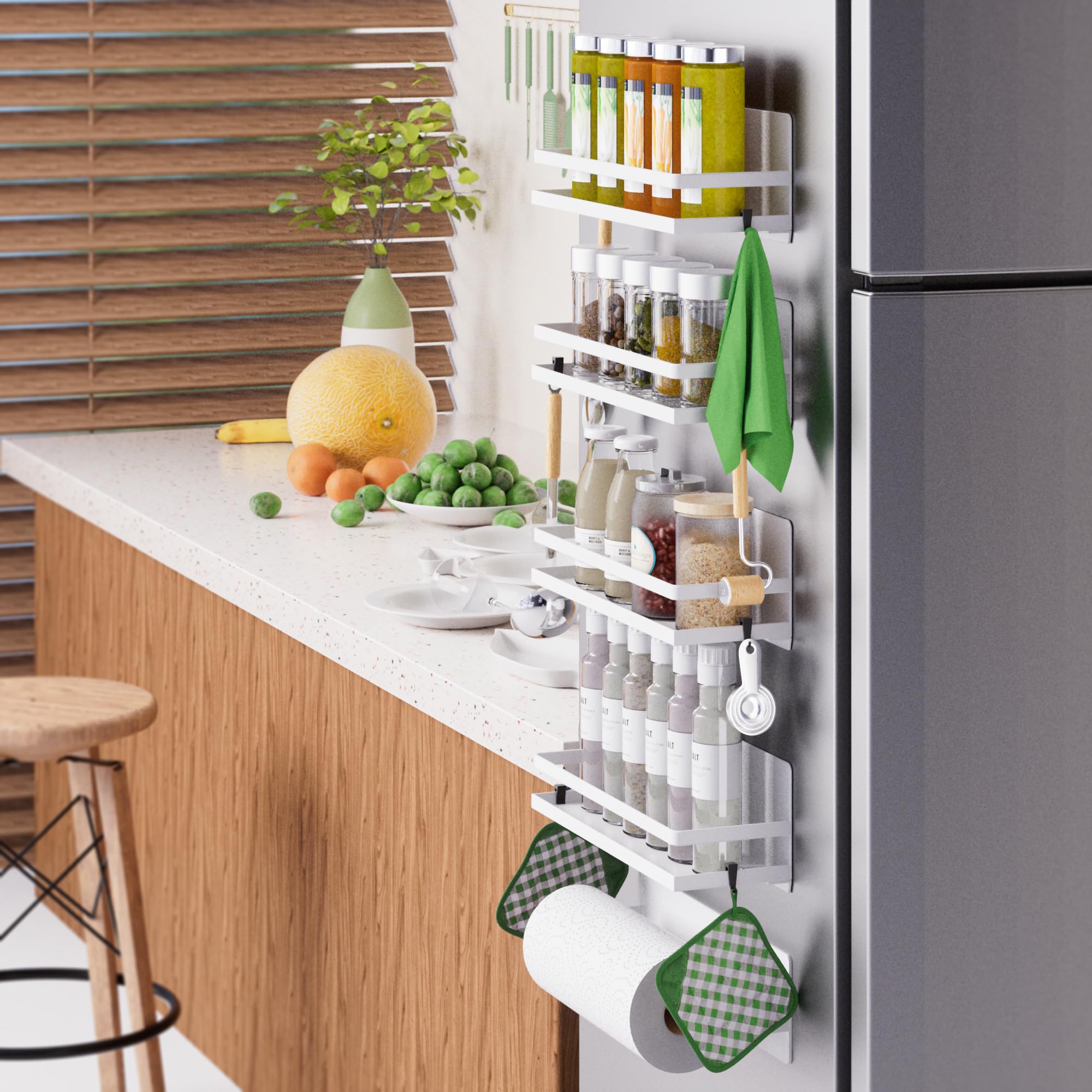 Magnetic Spice Rack For Refrigerator Moveable Magnetic Shelf Organizer With Paper Towel Holder Kitchen Refrigerator Storage Rack