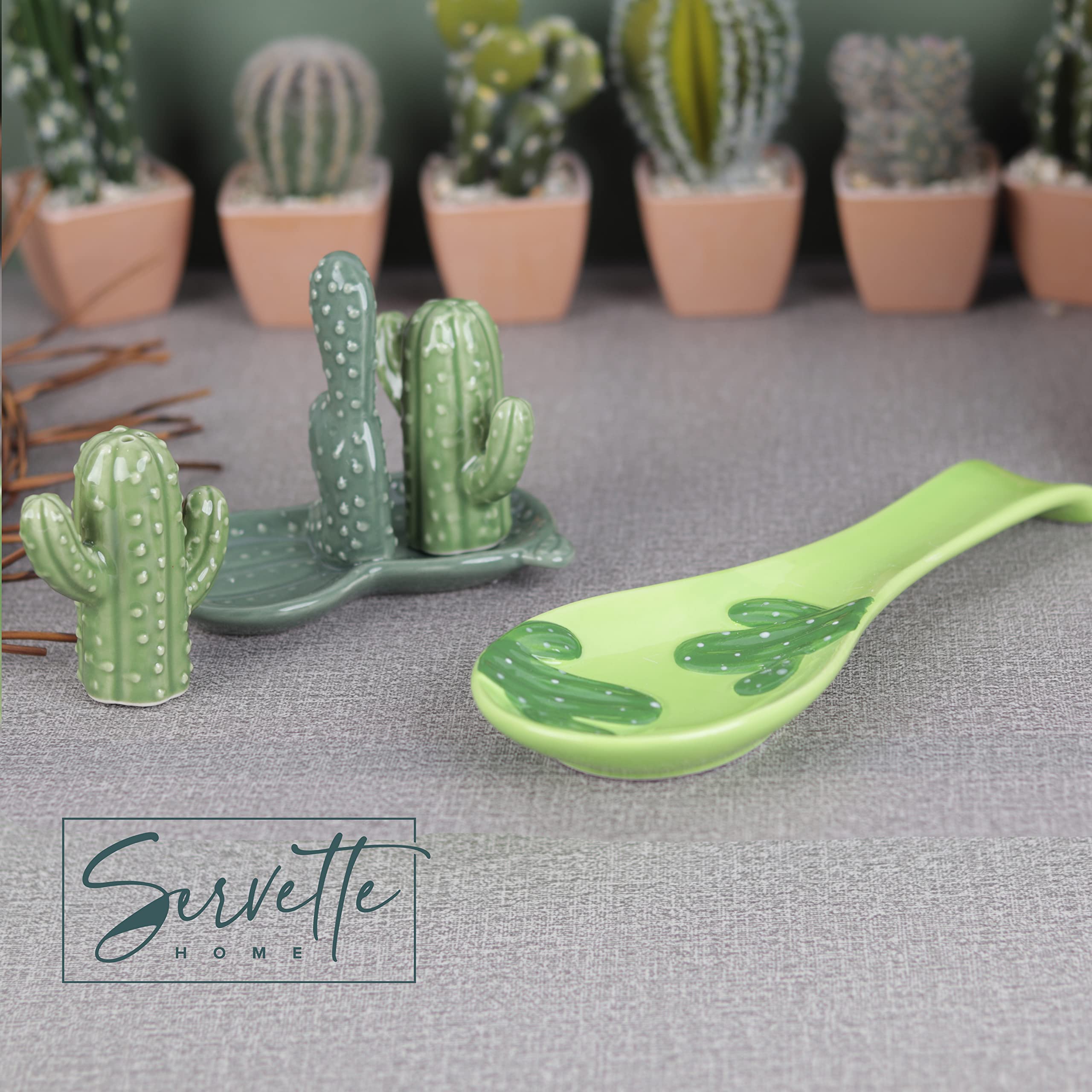 Ceramic Stovetop Set With Salt And Pepper Shakers And Spoon Rest - Cactus