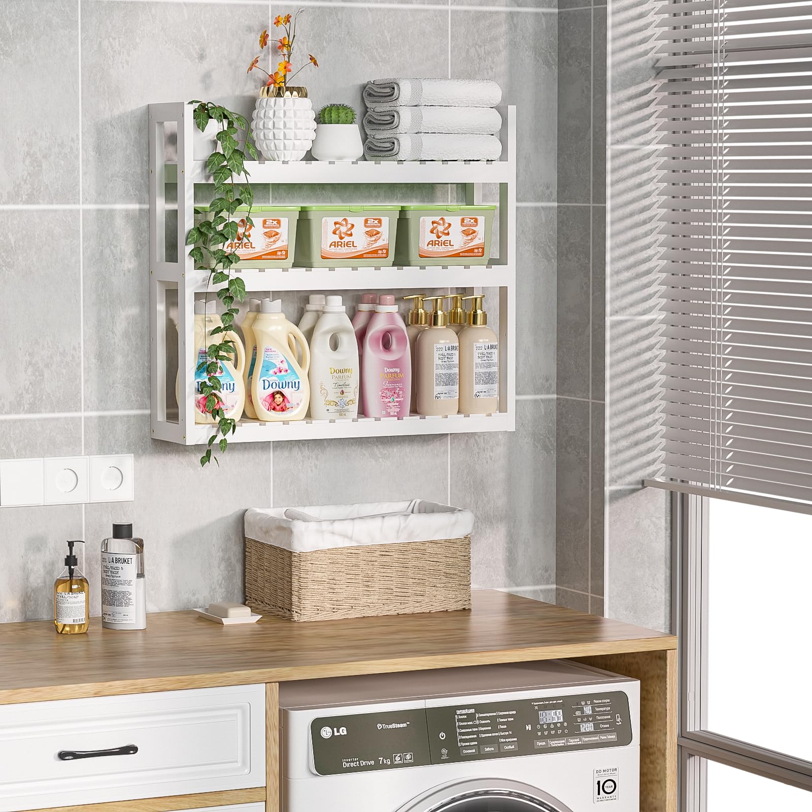 Domax Bathroom Shelves Over Toilet Storage - 3 Tier Wall Mounted Bamboo Bathroom Shelf Organizer Multifunctional Adjustable Laye