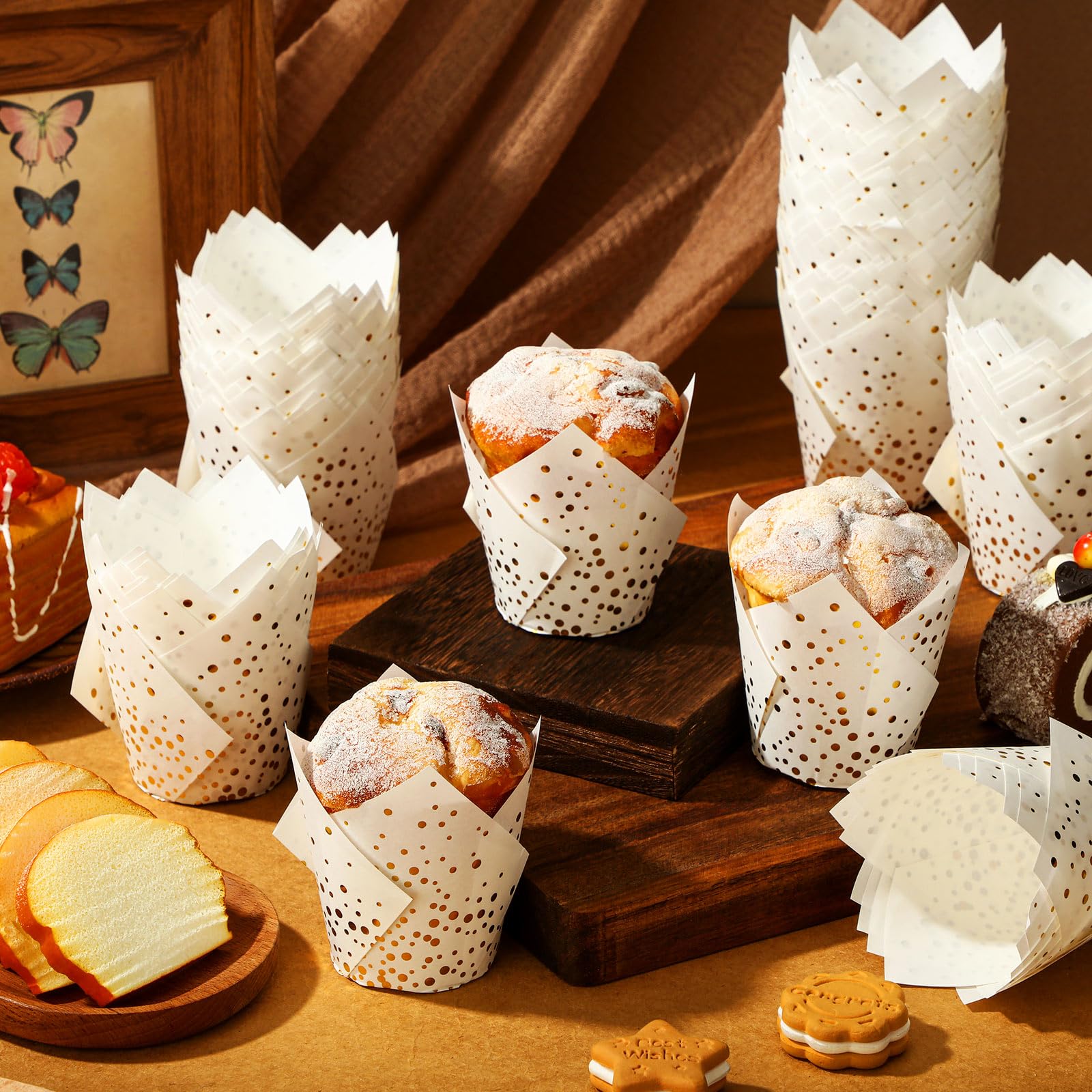 Gerrii 200 Pcs Gold Polka Dot Tulip Cupcake Liners Paper Mini Baking Cups Cupcake Wrappers Muffin Liners For Wedding Tea Party B