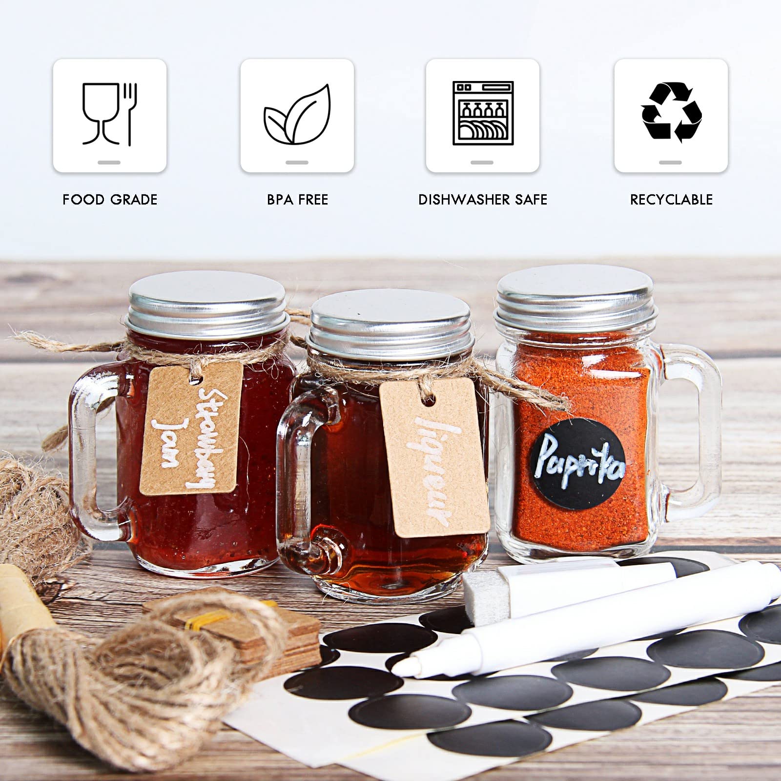 Desiyue 1.5Oz-30 Pack Mini Glass Mason Jars Set With Silver Lids & Handles, Small Favor Jars, Food Storage Containers For Weddin