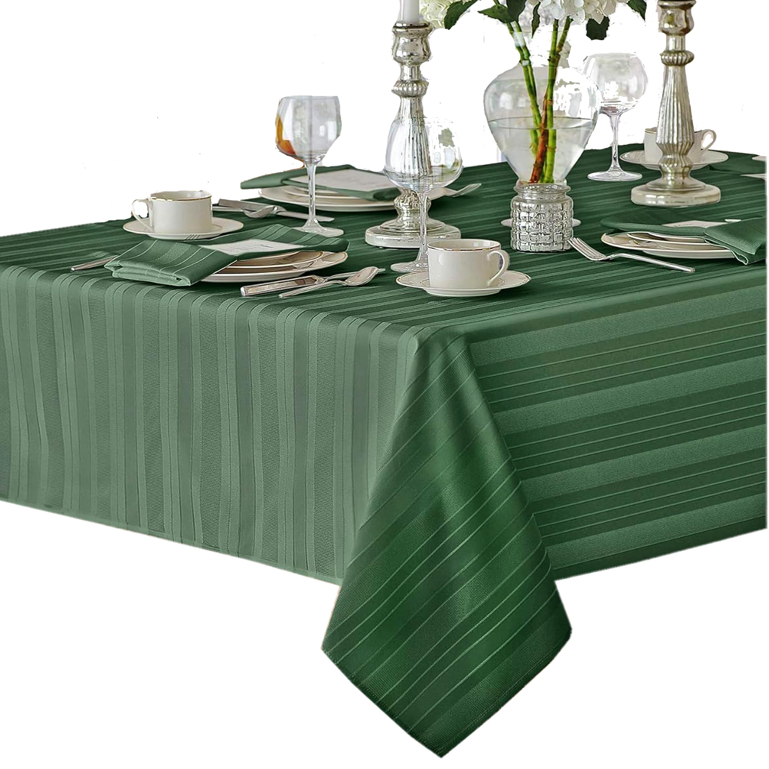 Newbridge Christmas Satin Stripe No-Iron Soil Resistant Fabric Holiday Tablecloth, 60 x 144 Oblong, Hunter Green