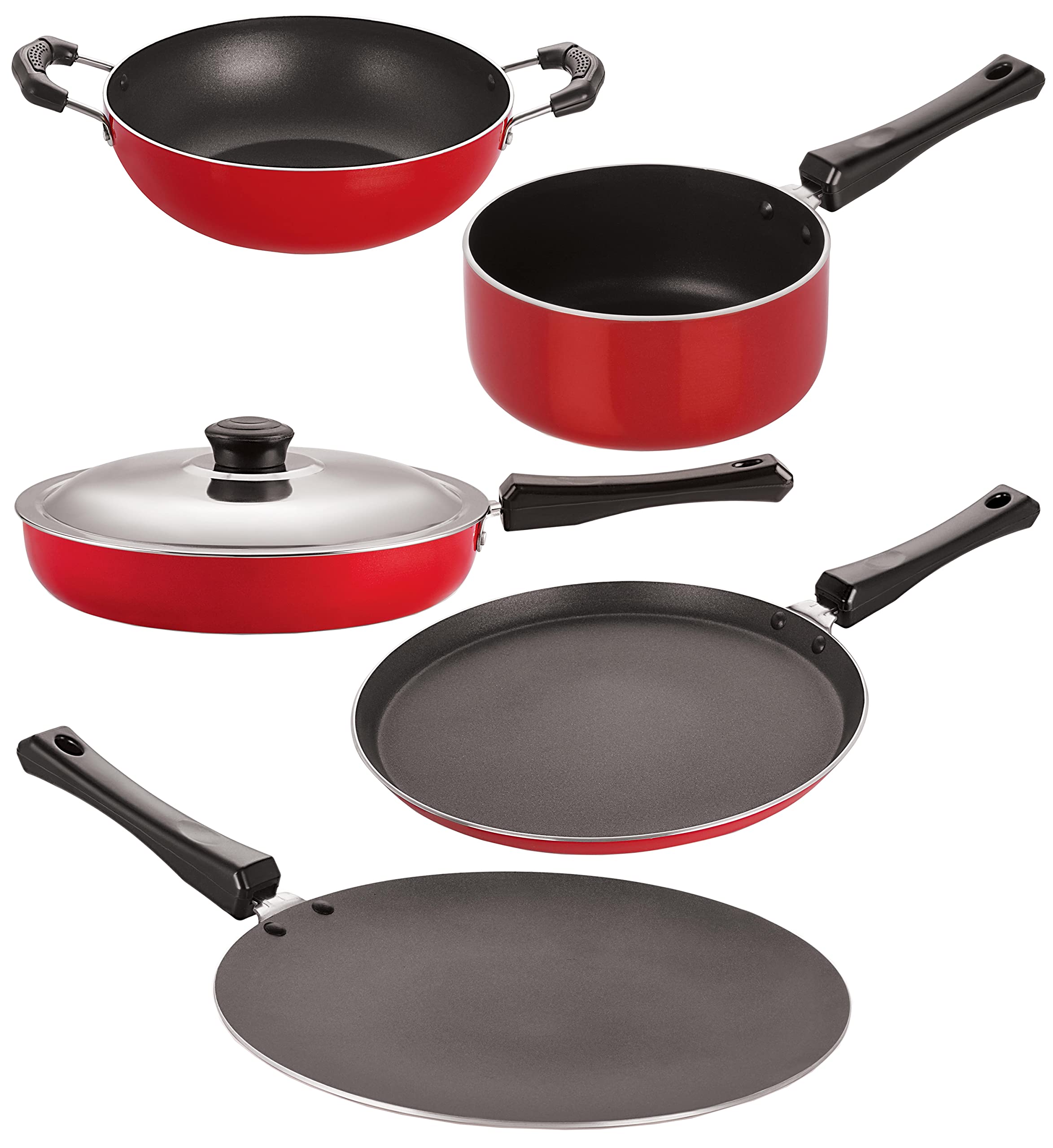 Nirlon NonStick Aluminium Cookware Set, 5Pieces, Red (26Ft12Ctfp12Kd12Spb)