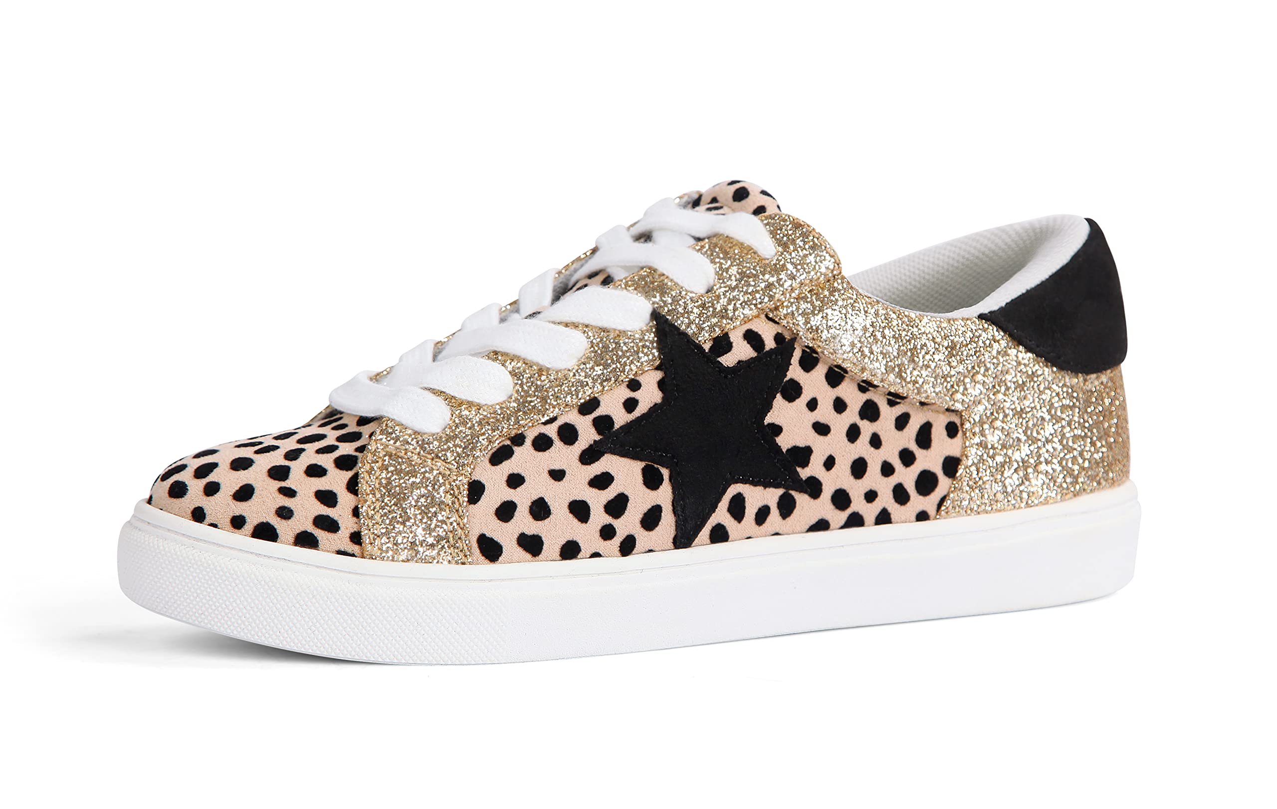 Party Womens Fashion Star Sneaker Lace Up Low Top Comfortable Cushioned Walking Shoes, Myles-Cheetah Glitter-8