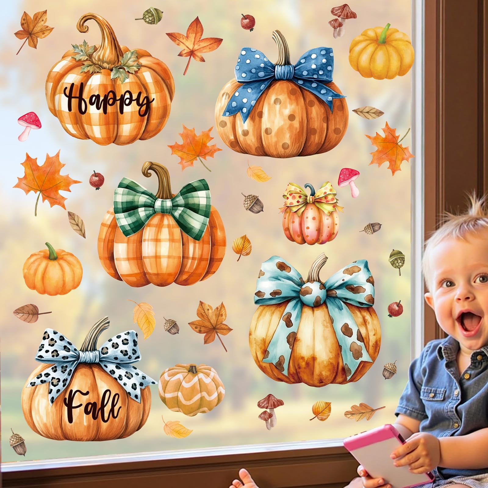 Ausril Happy Fall Window Clings,Maple Leaves Pumpkins Wall Decals,Fall Pumpkin Window Stickers,Autumn Harvest Decals for Glass,H