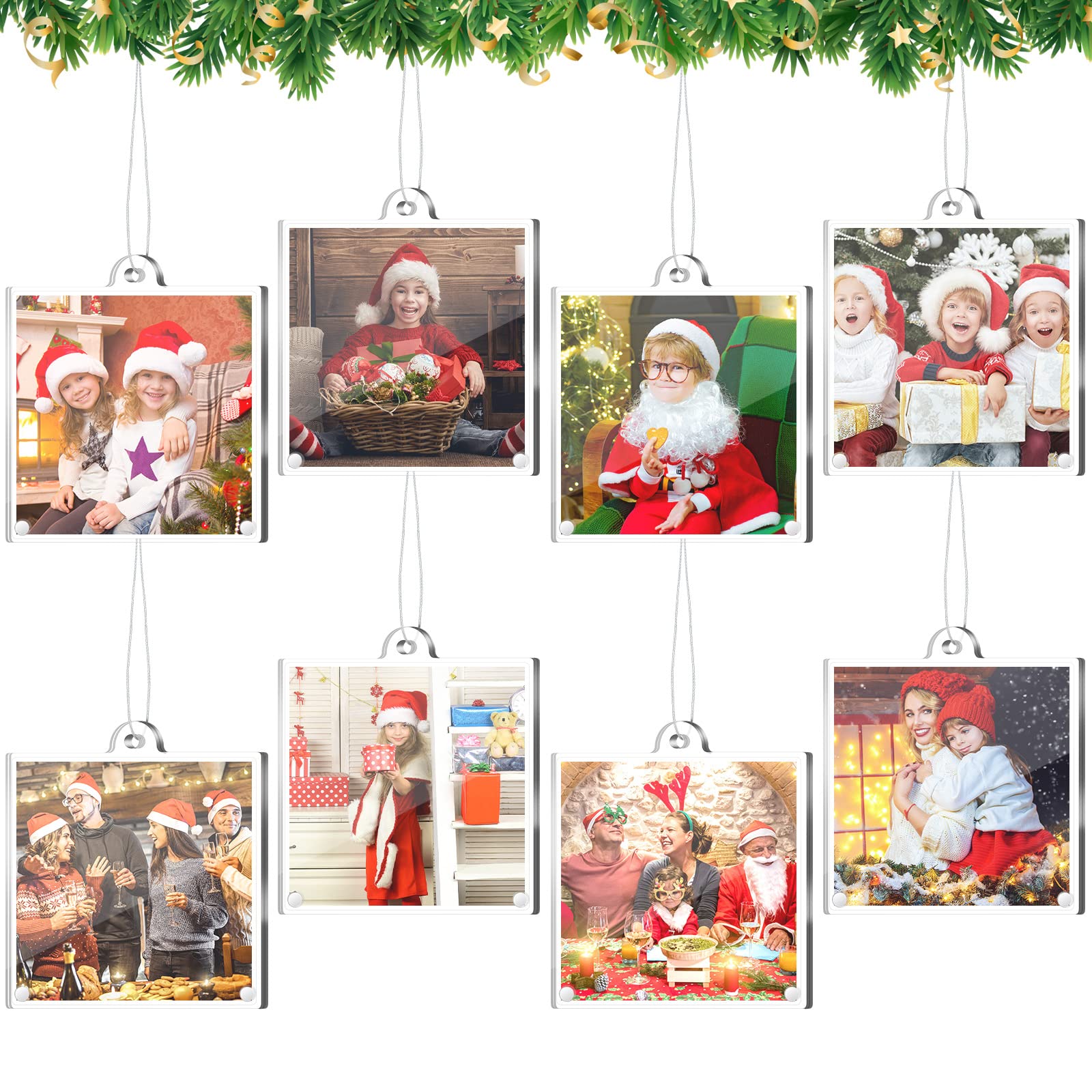 Weysat 8 Pcs Christmas Acrylic Photo Ornaments Hanging Picture Frame Ornaments Wallet Size Picture Frames for Christmas Tree Dec