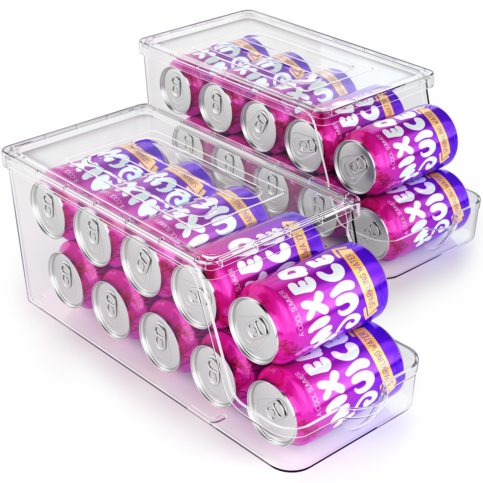 Soda Can Dispenser For Refrigerator With Lids, Stackable Drink Organizer For Fridge, Clear Plastic Refrigerator Organizer Bins,