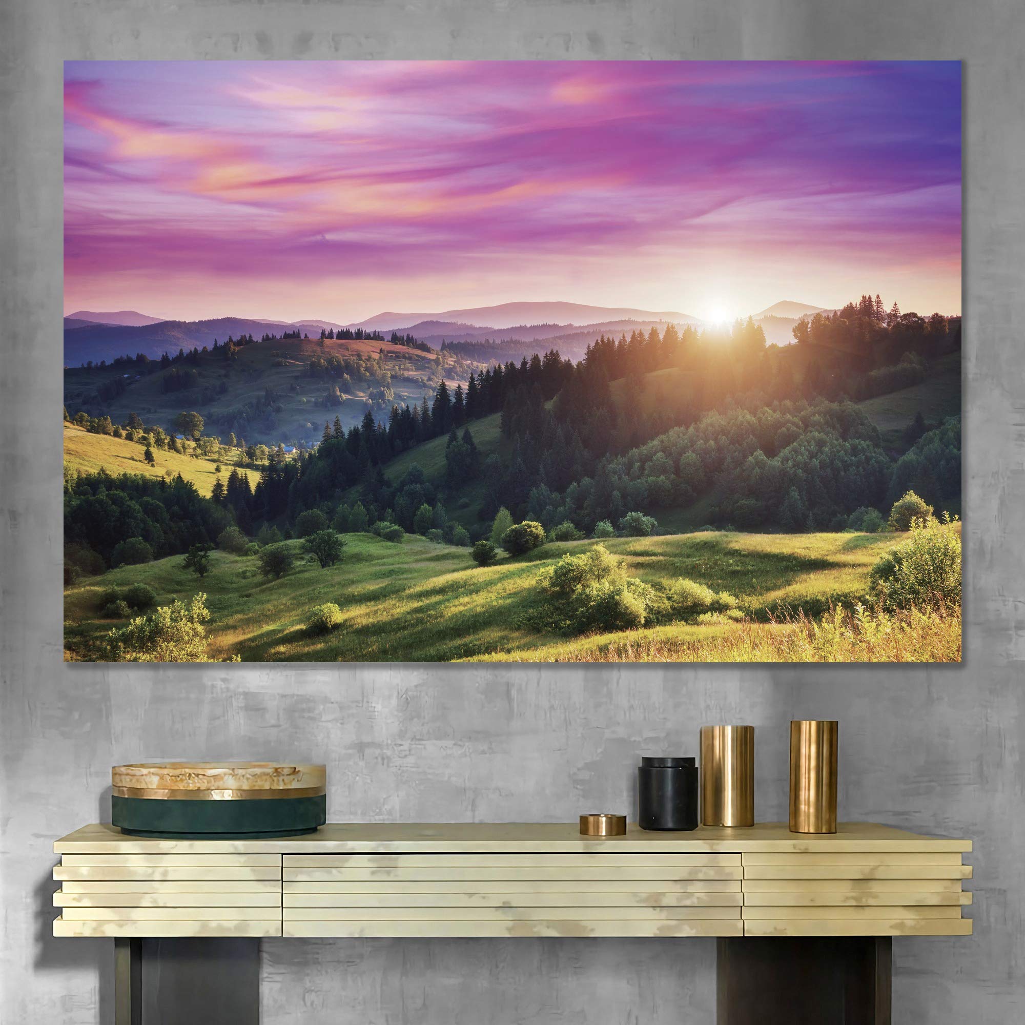 Signwin Canvas Wall Art Sunrise Over Green Yellow Valleys Forest In Pink And Purple Sky Landscape Wilderness Realism Modern Pano