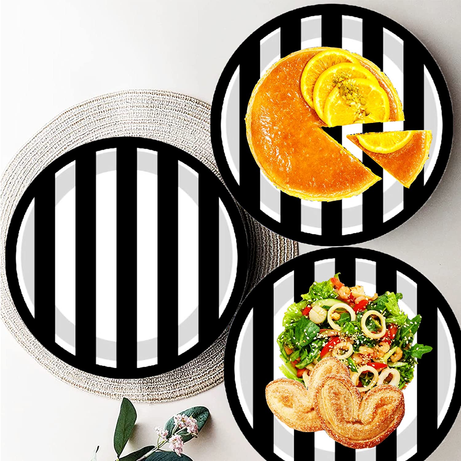 Hspaidyp 40 Pcs Black And White Party Supplies Black And White Striped Plates 7'' Black Striped Dessert Paper Plates Black And W