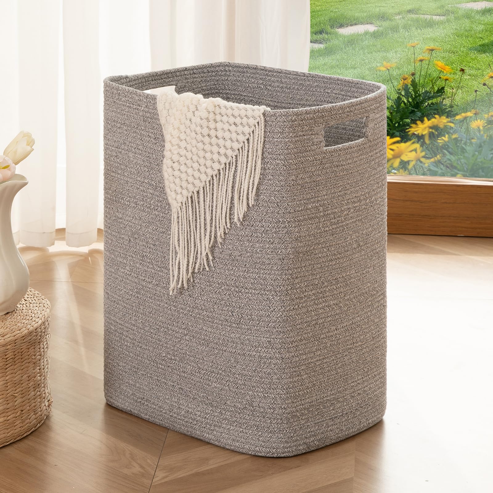 Oiahomy Laundry Hamper, Laundry Basket,Rectangle Cotton Storage Basket With Handles, Large Blanket Basket For Living Room, Woven