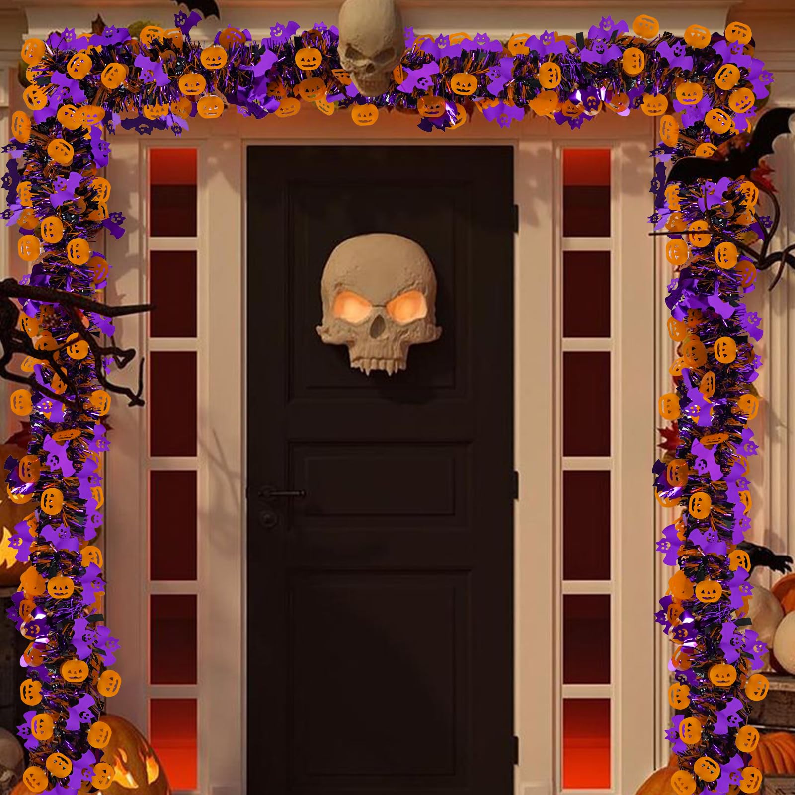 Caplidou 2 Pack 66 FT Halloween Tinsel Garland with Orange Pumpkin Purple Bat Metallic Twist for Tree Party Porch Mantel Door Fi