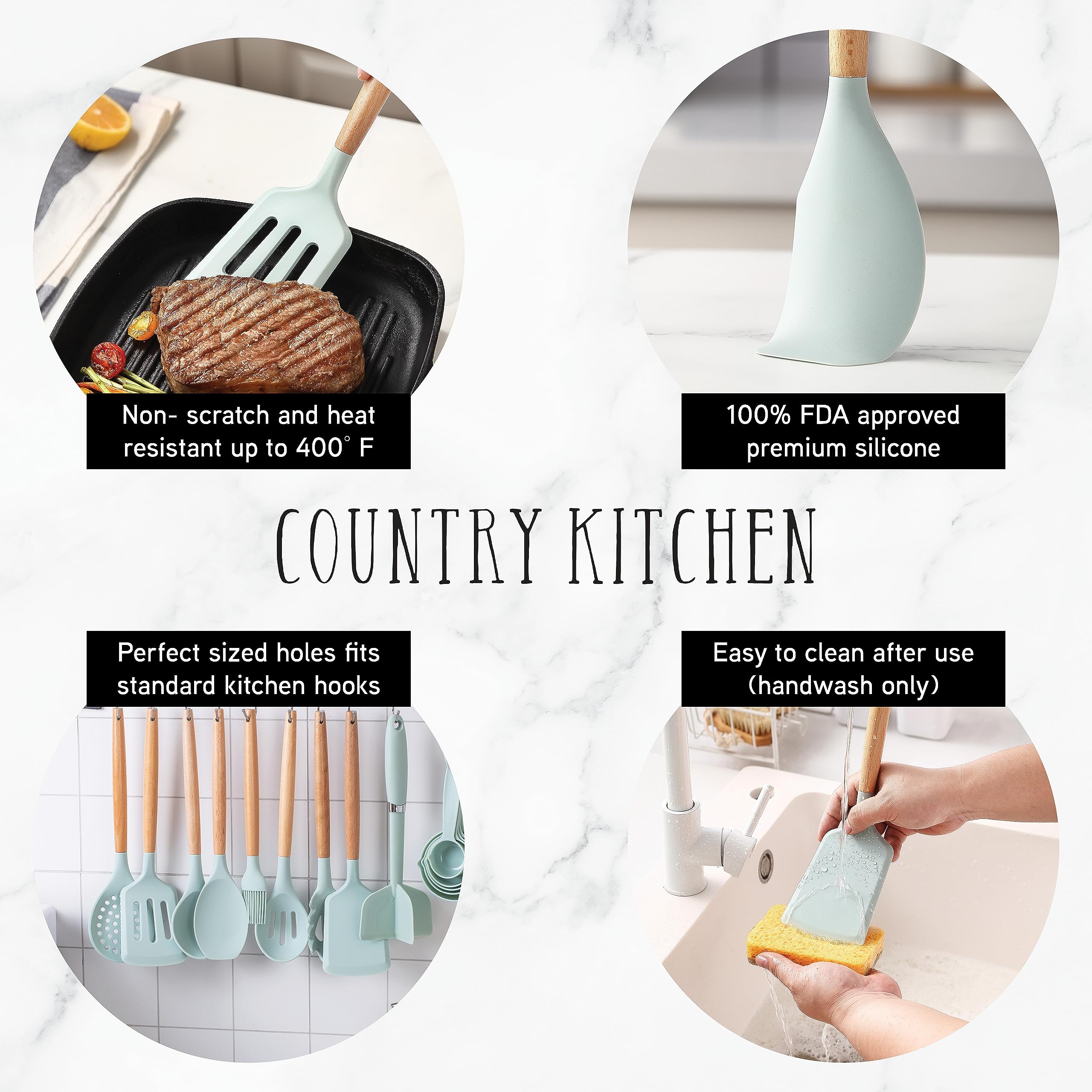 Country Kitchen Non Stick Silicone Utensil Set With Rounded Wood Handles For Cooking And Baking, 38 Piece Set, Mint
